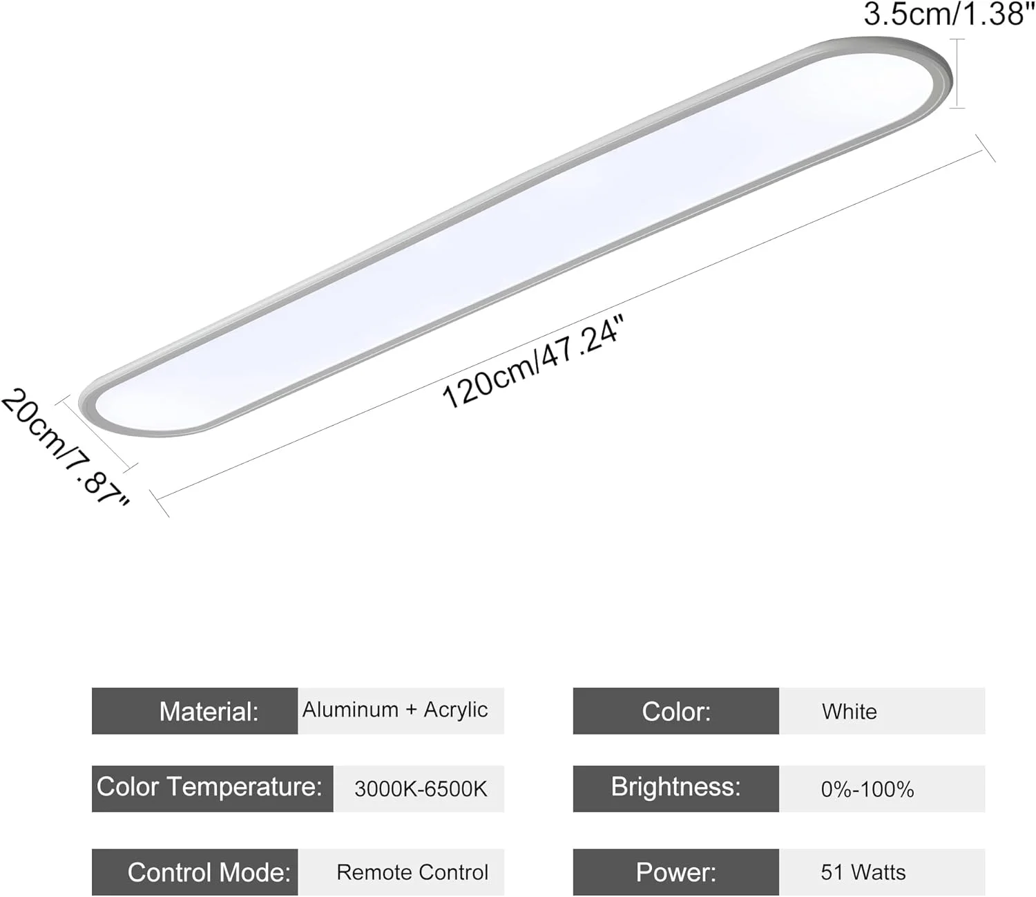 چراغ سقفی ال ای دی دیمر پذیر گانید، 51 وات، چراغ سقفی خطی مدرن، 120 سانتی متر، نور سفید با روشنایی بالا، چراغ سقفی باریک و بلند با ریموت کنترل برای اتاق نشیمن، دفتر کار، اتاق غذاخوری، آشپزخانه
