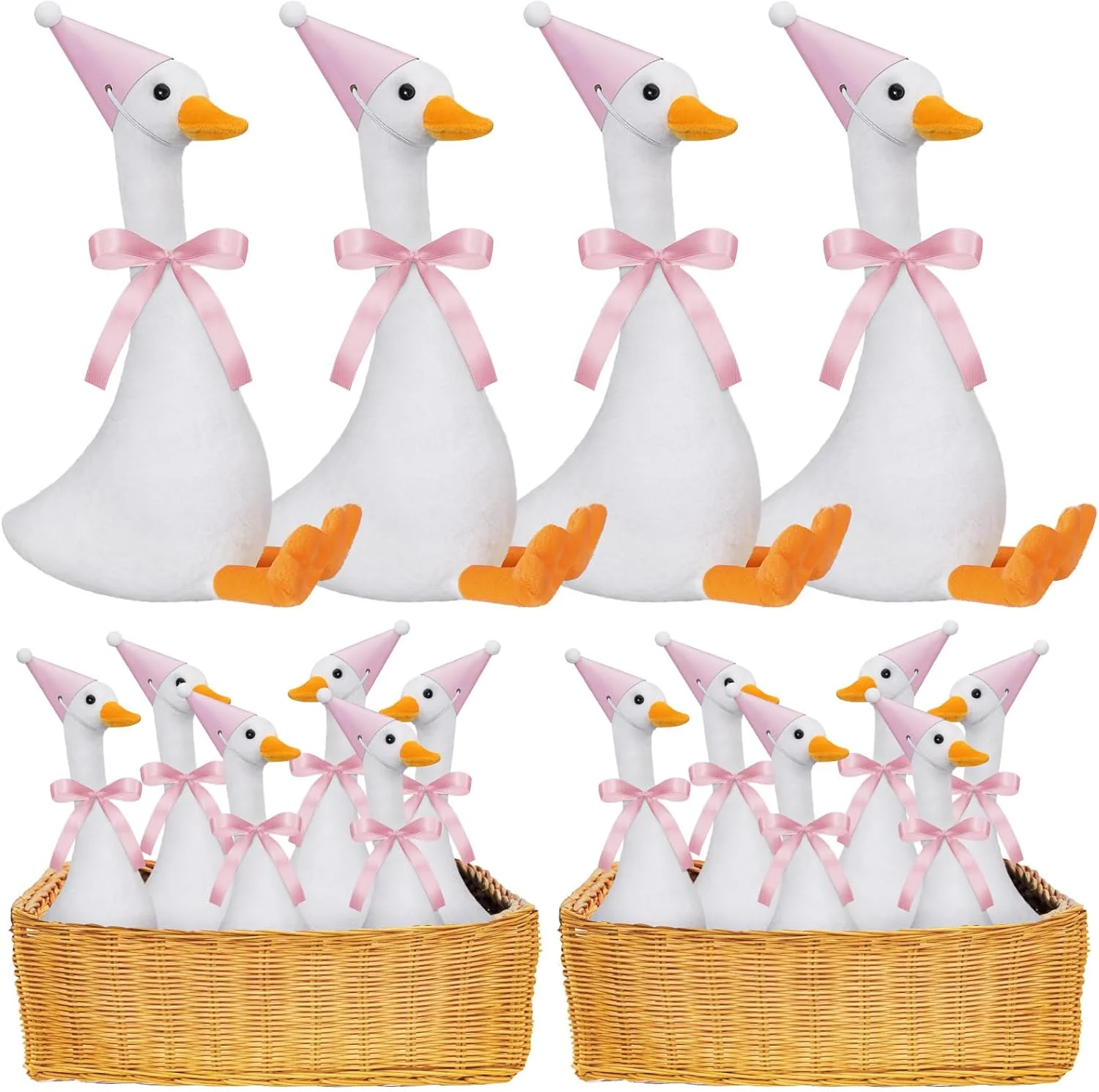 12 عدد دکوری تولد یک غاز بامزه دخترانه پسرانه، هدیه مهمانی با غاز، حیوان عروسکی پولیشی 18 سانتی متری با کلاه های مهمانی کوچک و روبان (زیبا، صورتی)