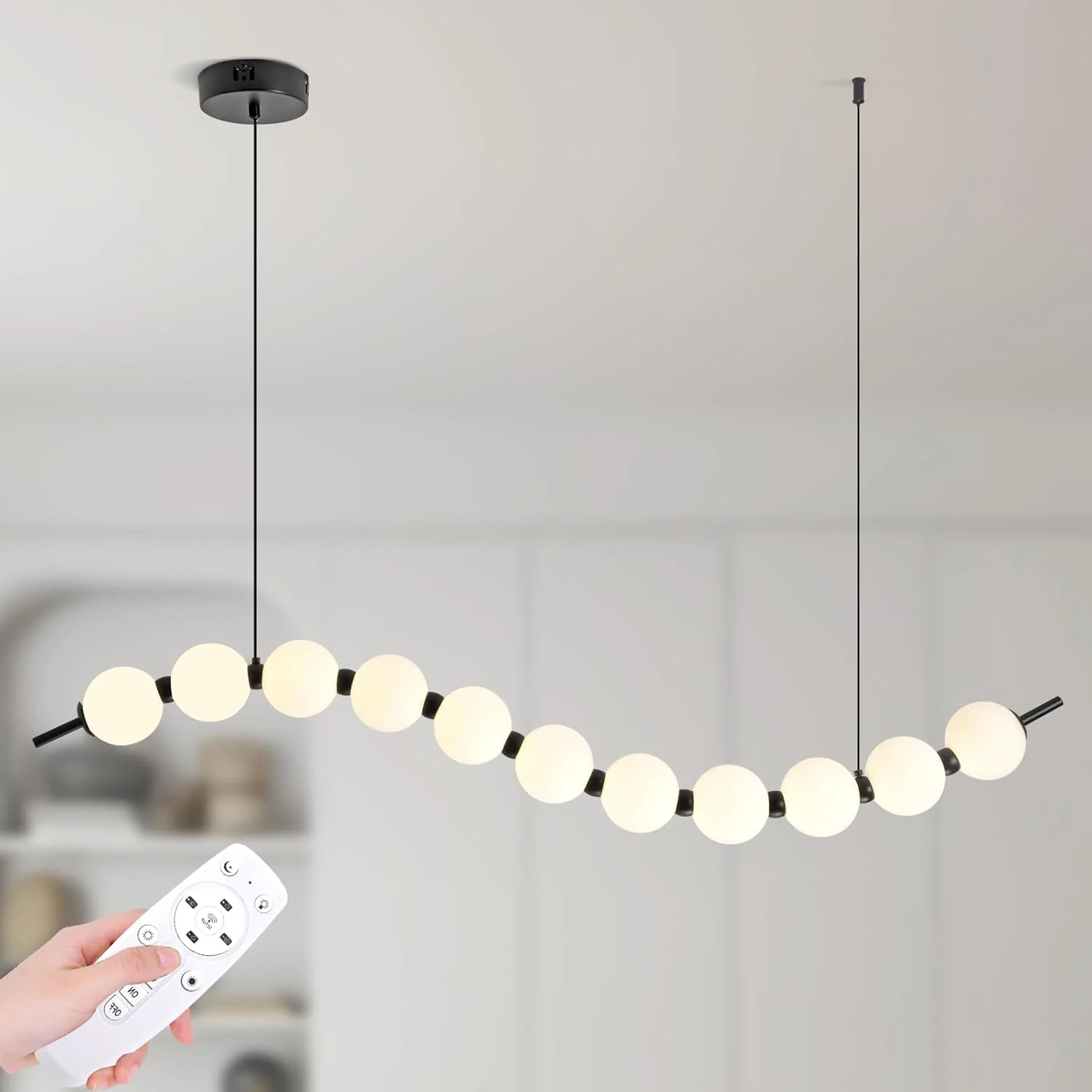 لوستر ال ای دی موجی مدرن YATAI، چراغ آویز خطی با ارتفاع قابل تنظیم و دیمر از راه دور، گوی های اکریلیک 18 وات، 3000K–6000K، مشکی و سفید، مناسب برای اتاق ناهارخوری، راهرو، اتاق مطالعه