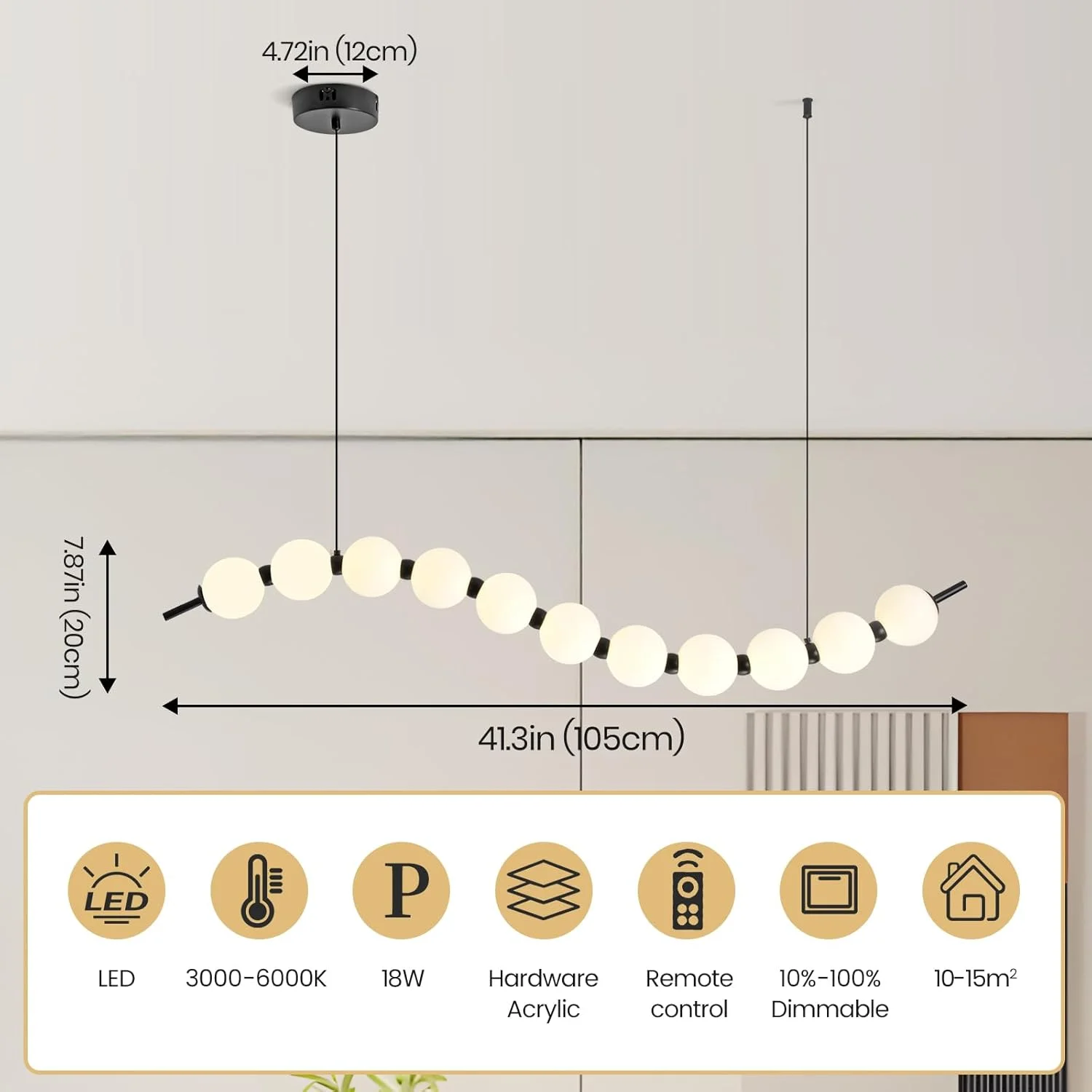 لوستر ال ای دی موجی مدرن YATAI، چراغ آویز خطی با ارتفاع قابل تنظیم و دیمر از راه دور، گوی های اکریلیک 18 وات، 3000K–6000K، مشکی و سفید، مناسب برای اتاق ناهارخوری، راهرو، اتاق مطالعه