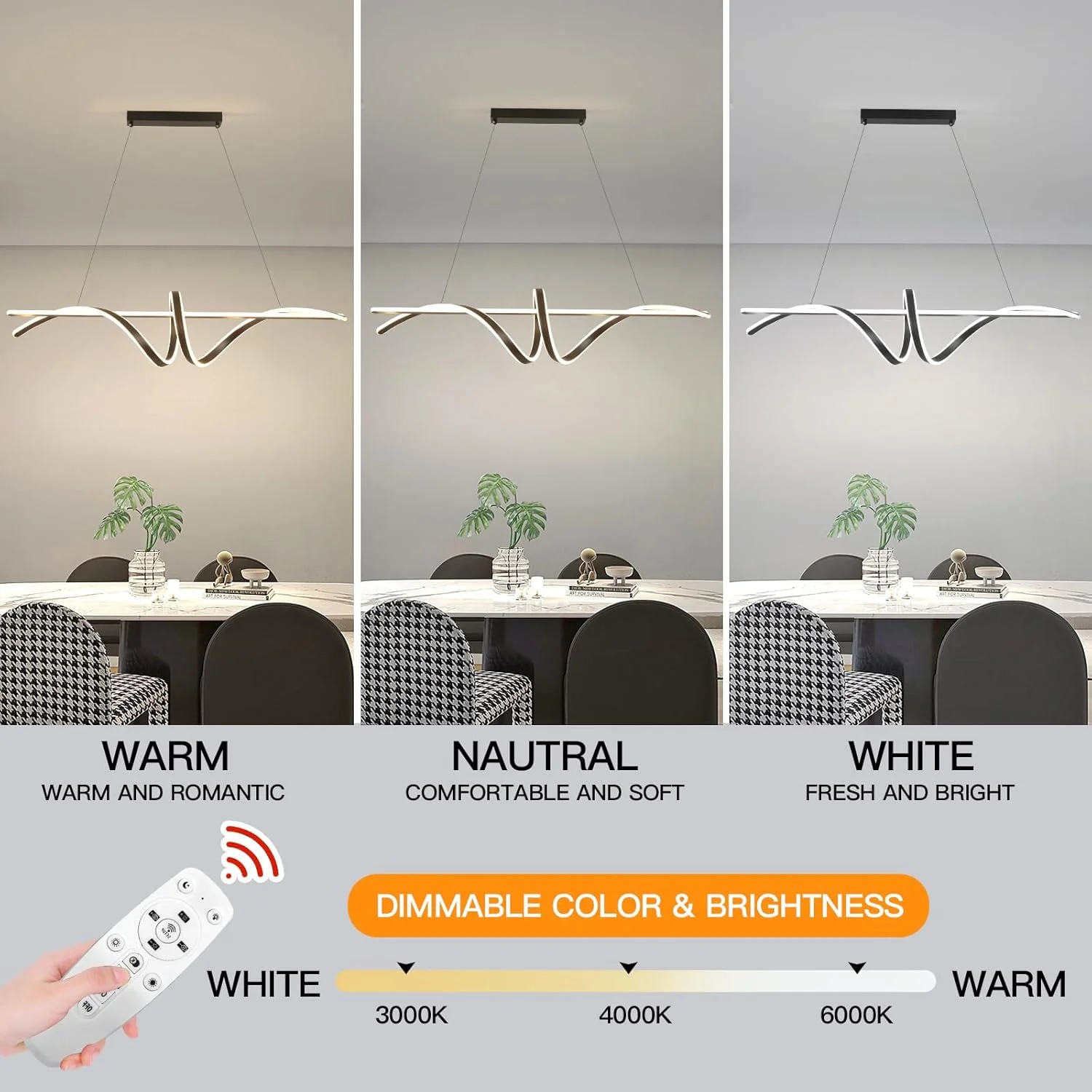 لوستر خطی مدرن LED یاتای مناسب اتاق ناهارخوری و جزیره آشپزخانه، چراغ لوستر دیمر پذیر برای بالای میز ناهارخوری با کنترل از راه دور، ارتفاع قابل تنظیم و 3 دمای رنگ