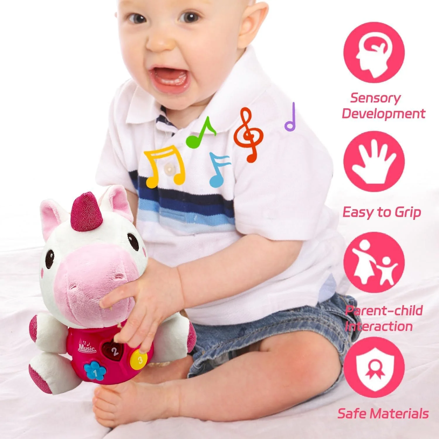 اسباب بازی های موزیکال تک شاخ کودک، حیوانات عروسکی پولیشی نرم برای نوزادان دختر، ست موزیکال چراغ دار کودک، هدیه جشن تولد یک سالگی، هدیه سبد عید پاک برای نوزادان 0 1 3 6 9 12 18 ماهه 1 2 ساله پسر