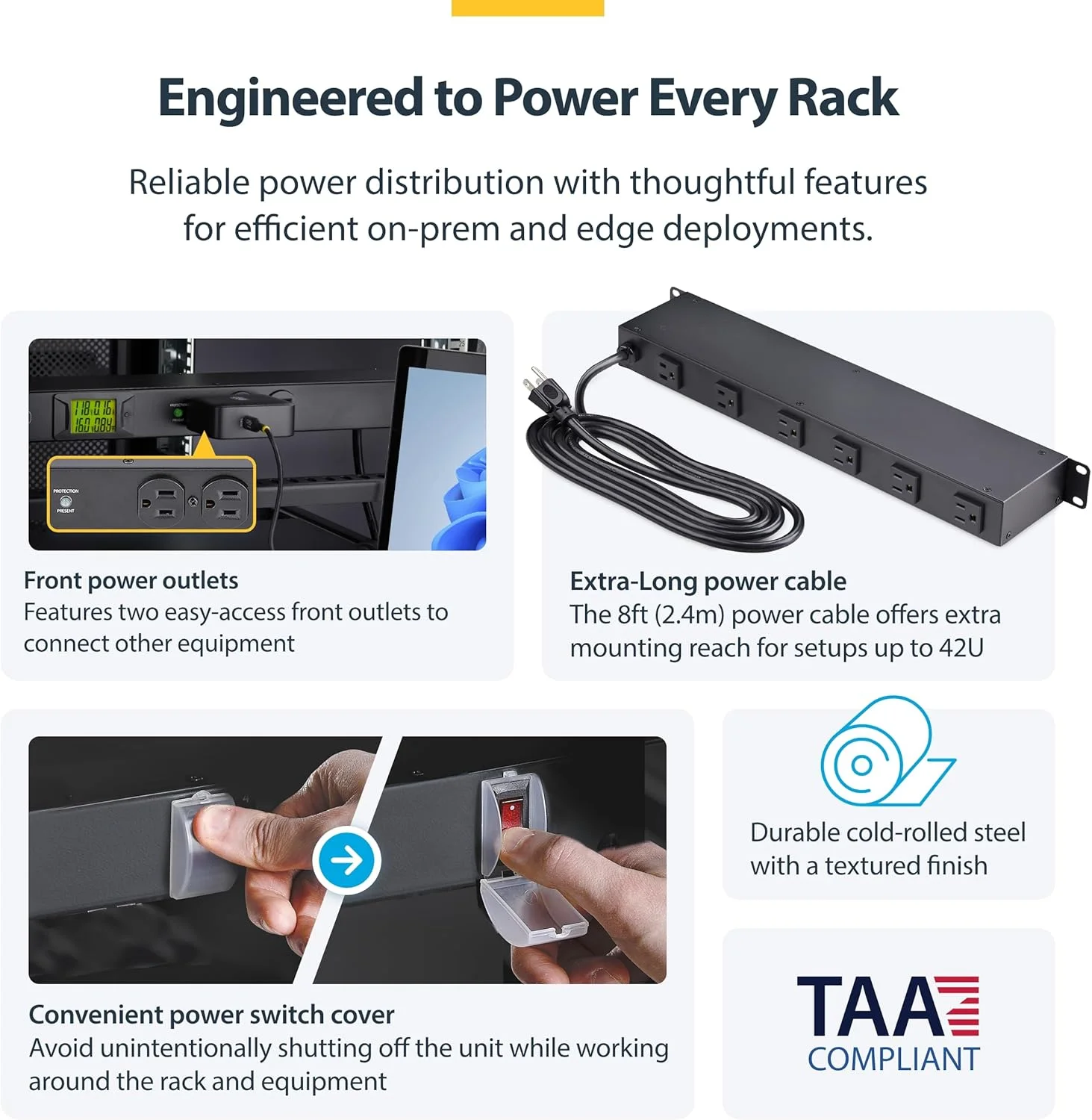 پاور استریپ رک مونت افقی 8 پورت StarTech.com، محافظ برق سرور 1U با کابل برق 2.4 متری، TAA پاور استریپ رک مونت افقی 8 پورت StarTech.com، محافظ برق سرور 1U با کابل برق 2.4 متری، TAA