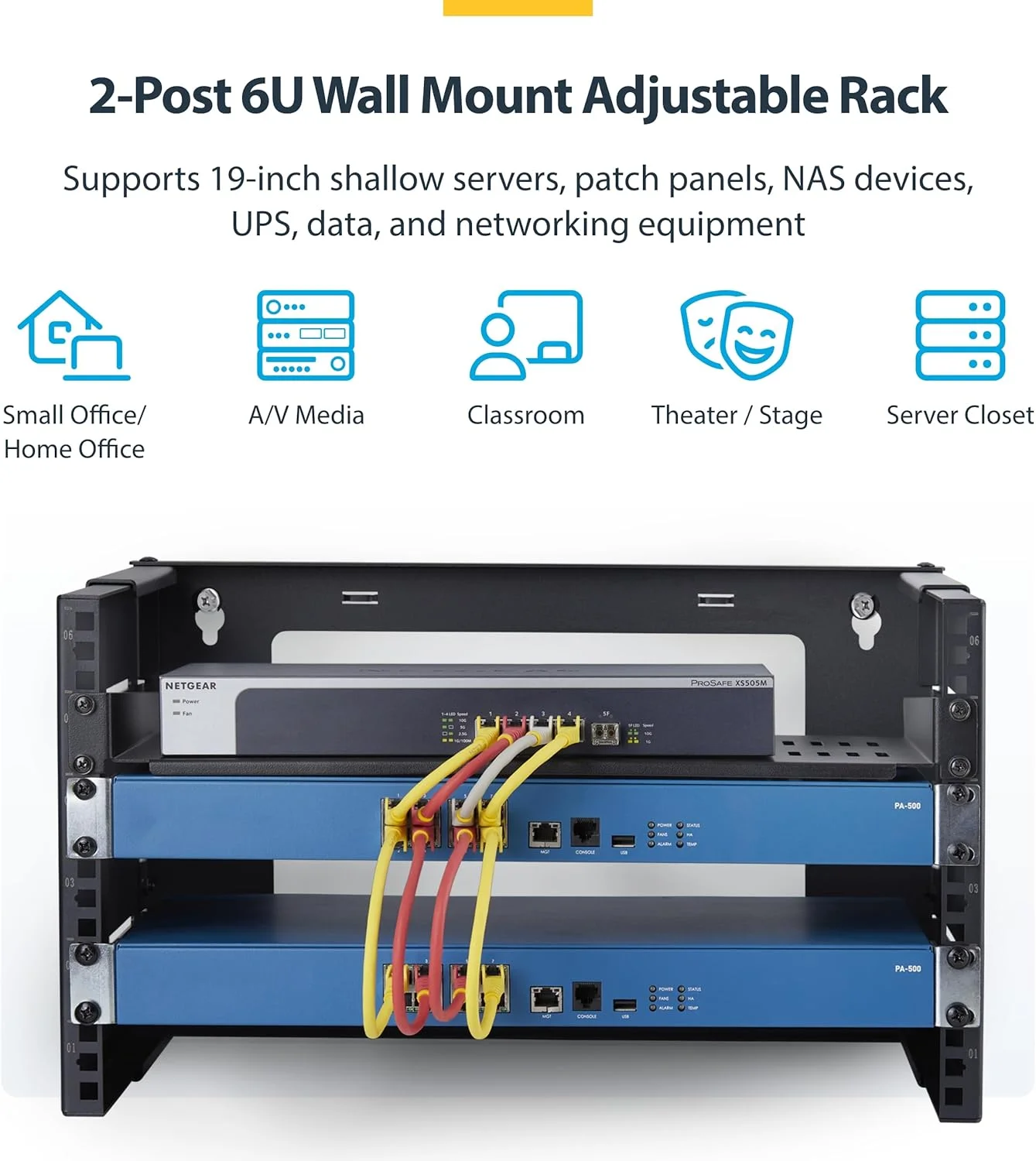 رک دیواری 6 یونیت 2 پستی StarTech.com، عمق قابل تنظیم تا 16 اینچ، برای تجهیزات سرور/داده/شبکه 19 اینچی، حداکثر 40 کیلوگرم