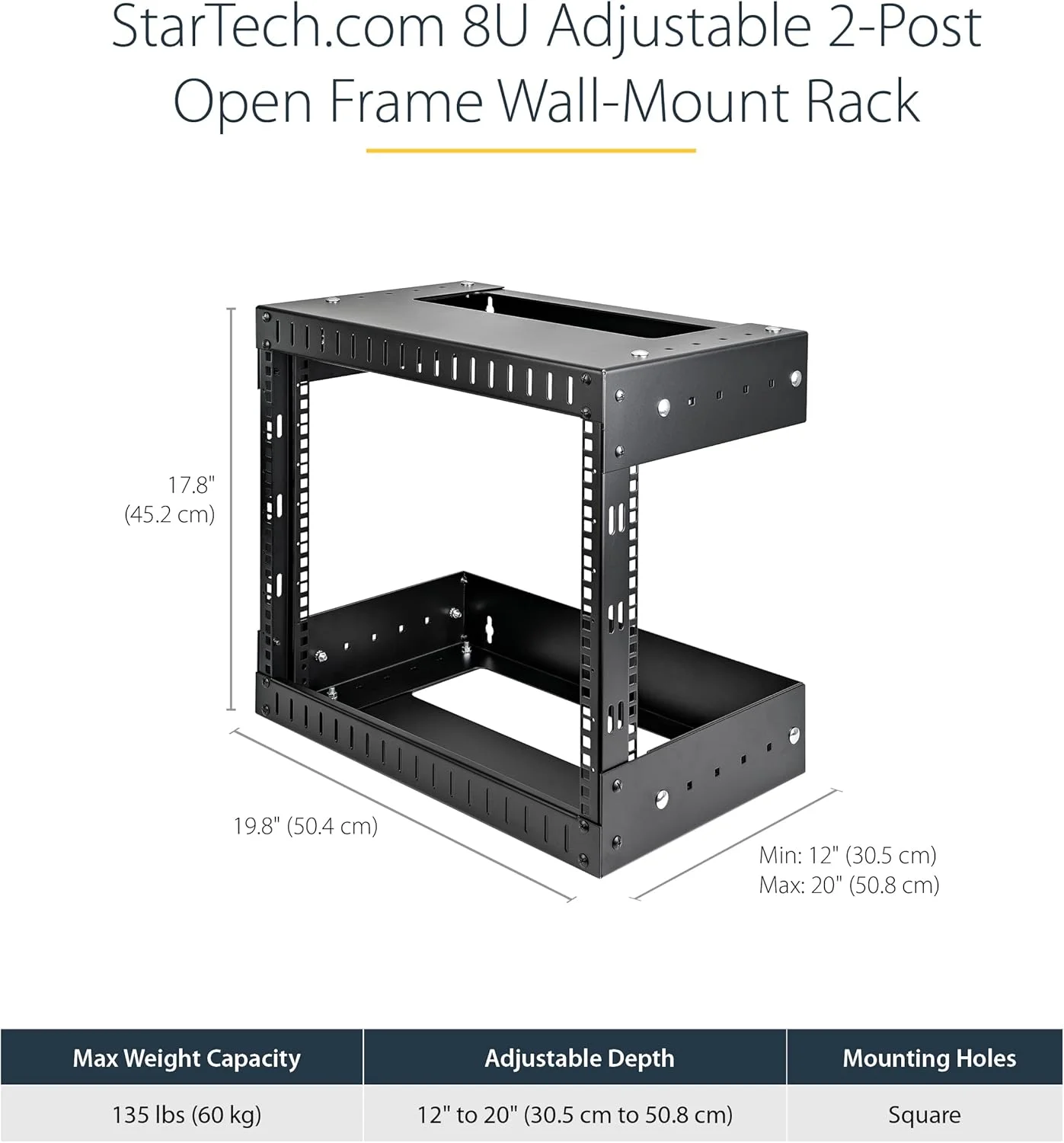 رک شبکه دیواری 8 یونیت استار تک، عمق قابل تنظیم 30 تا 50 سانتیمتر، رک اتاق سرور با فریم باز 2 پستی برای تجهیزات صوتی/تصویری، دیتا، ارتباطات و کامپیوتر به همراه مهره و پیچ قفسی
