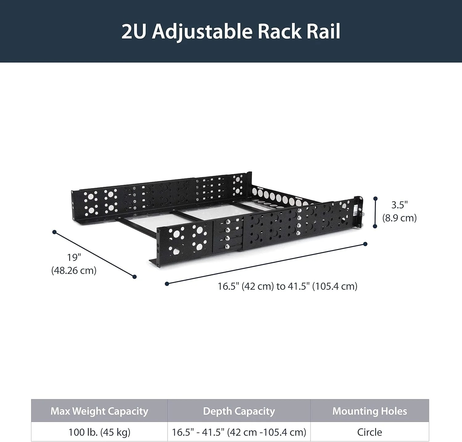 ریل های یونیورسال 2U استار تک برای نصب در رک 19 اینچی سرور، محفظه یا کابینت - ریل های قابل تنظیم رک A/V (Unirails2U)، مشکی