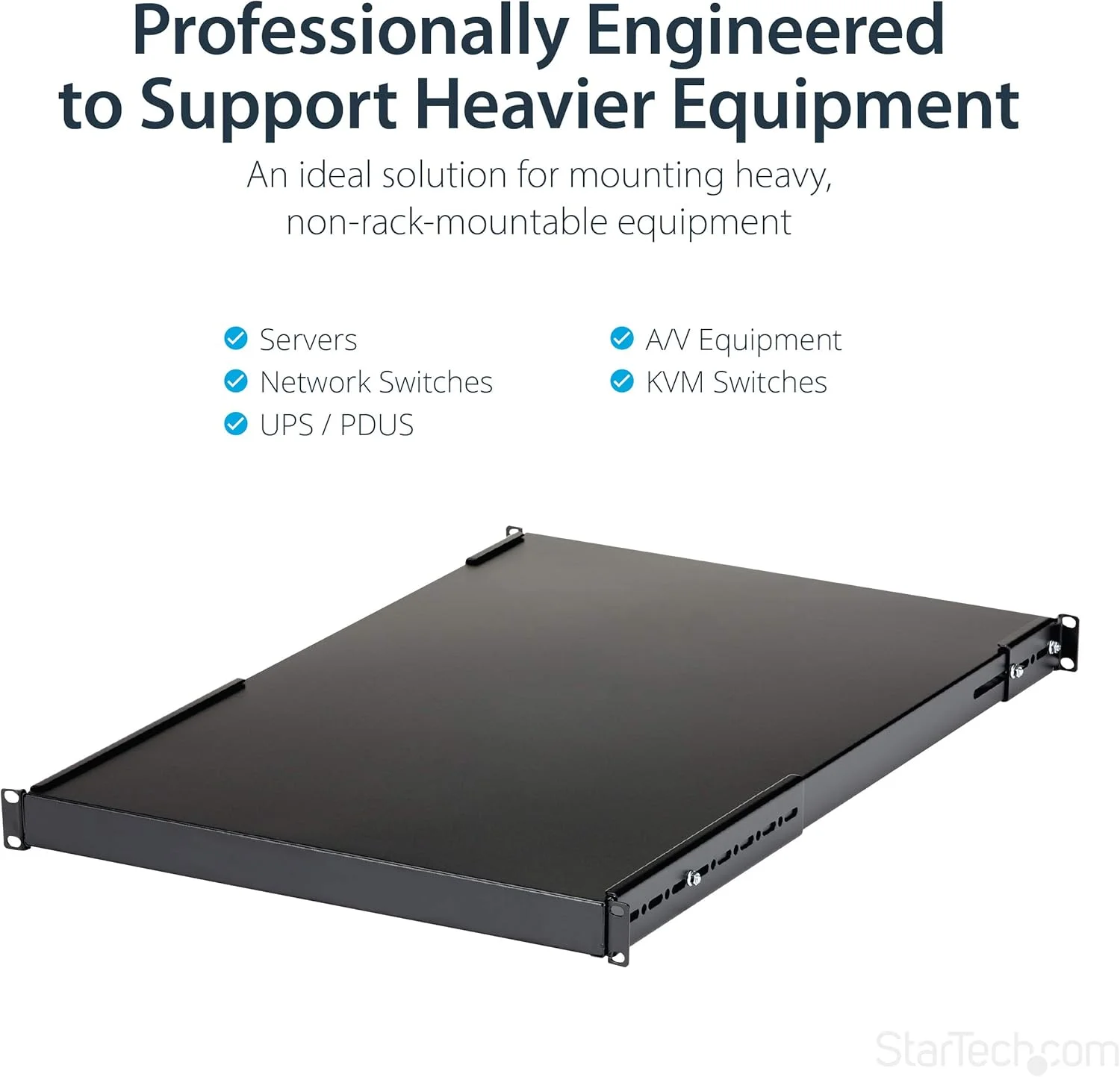 قفسه رک سرور قابل تنظیم 4 پایه StarTech.com 1U - 150 کیلوگرم - عمق نصب قابل تنظیم 19.5 تا 38 اینچ سینی جهانی برای رک تجهیزات AV، داده و شبکه 19 اینچی - عمق 27.5 اینچ (ADJSHELFHD)