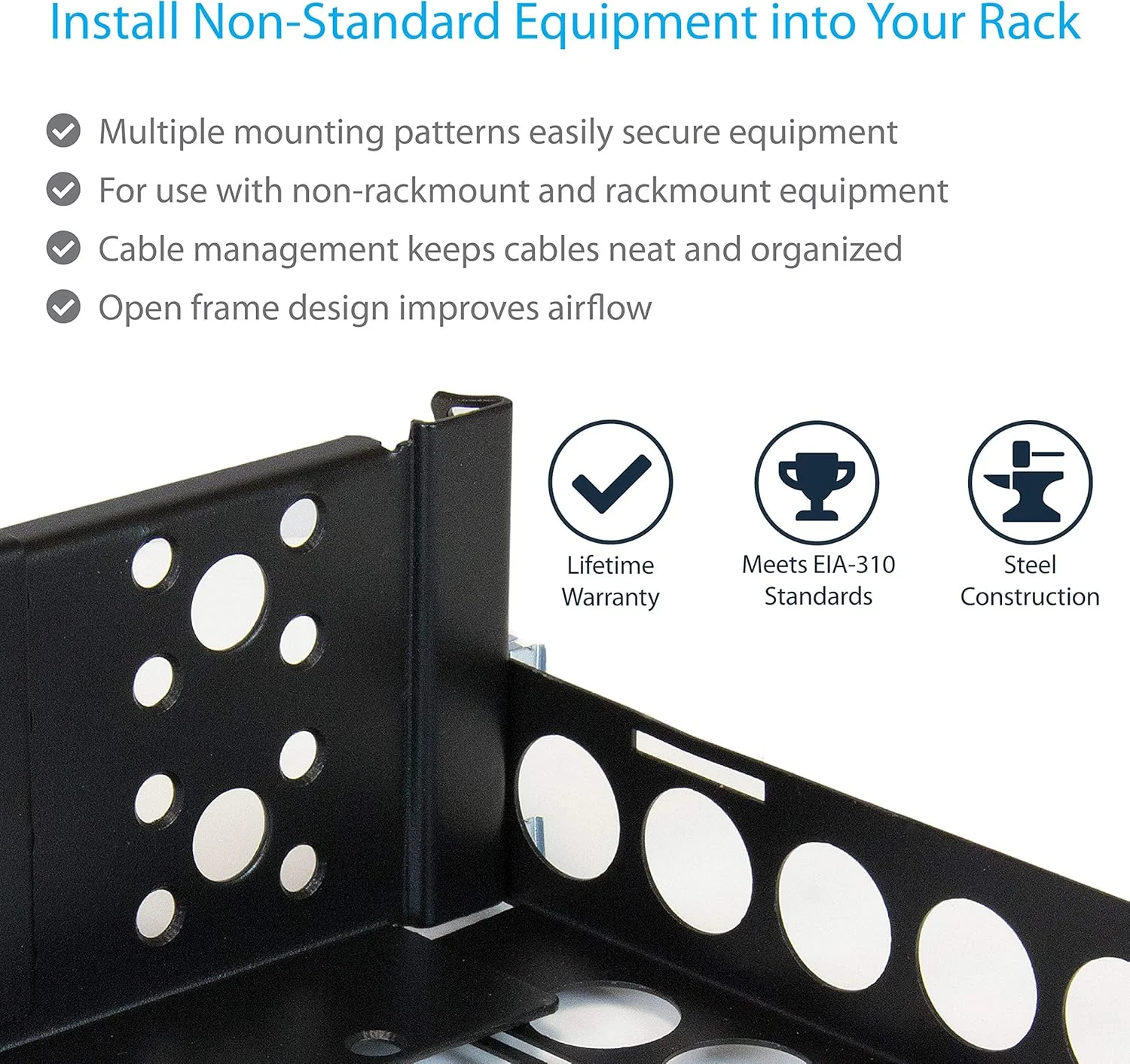 ریل های یونیورسال 2U استار تک برای نصب در رک 19 اینچی سرور، محفظه یا کابینت - ریل های قابل تنظیم رک A/V (Unirails2U)، مشکی