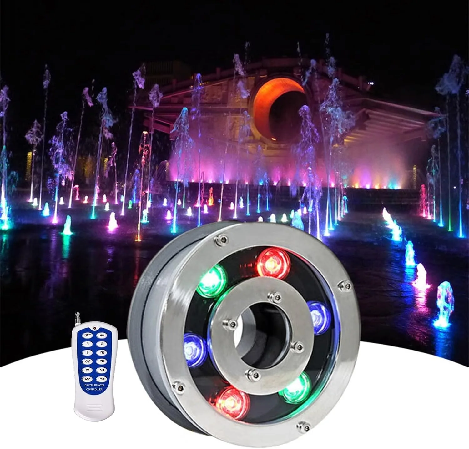 چراغ فواره ای حلقه ای ال ای دی VSHENG، چراغ های استخری RGB ضد آب IP68، چراغ های غوطه ور استخر با سوراخ میانی، ولتاژ پایین AC12/24V با کنترل از راه دور برای آبشار، آکواریوم، پارک، لامپ منظره تزئینی (6W-AC1