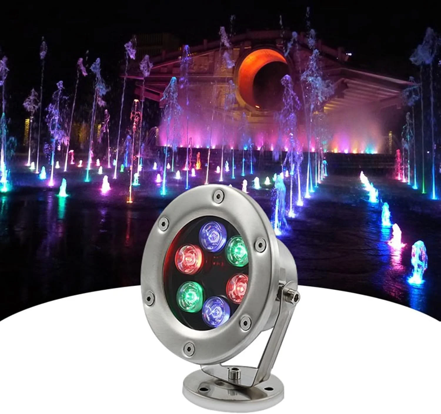 چراغ استخری LED استیل ضد زنگ RGB، چراغ فواره زیر آب کم فشار AC12/24V IP68 ضد آب، چراغ چرخشی استخر بیرونی برای آبشار، استخرهای شنا، آکواریوم، نورافکن (15W-AC12V)