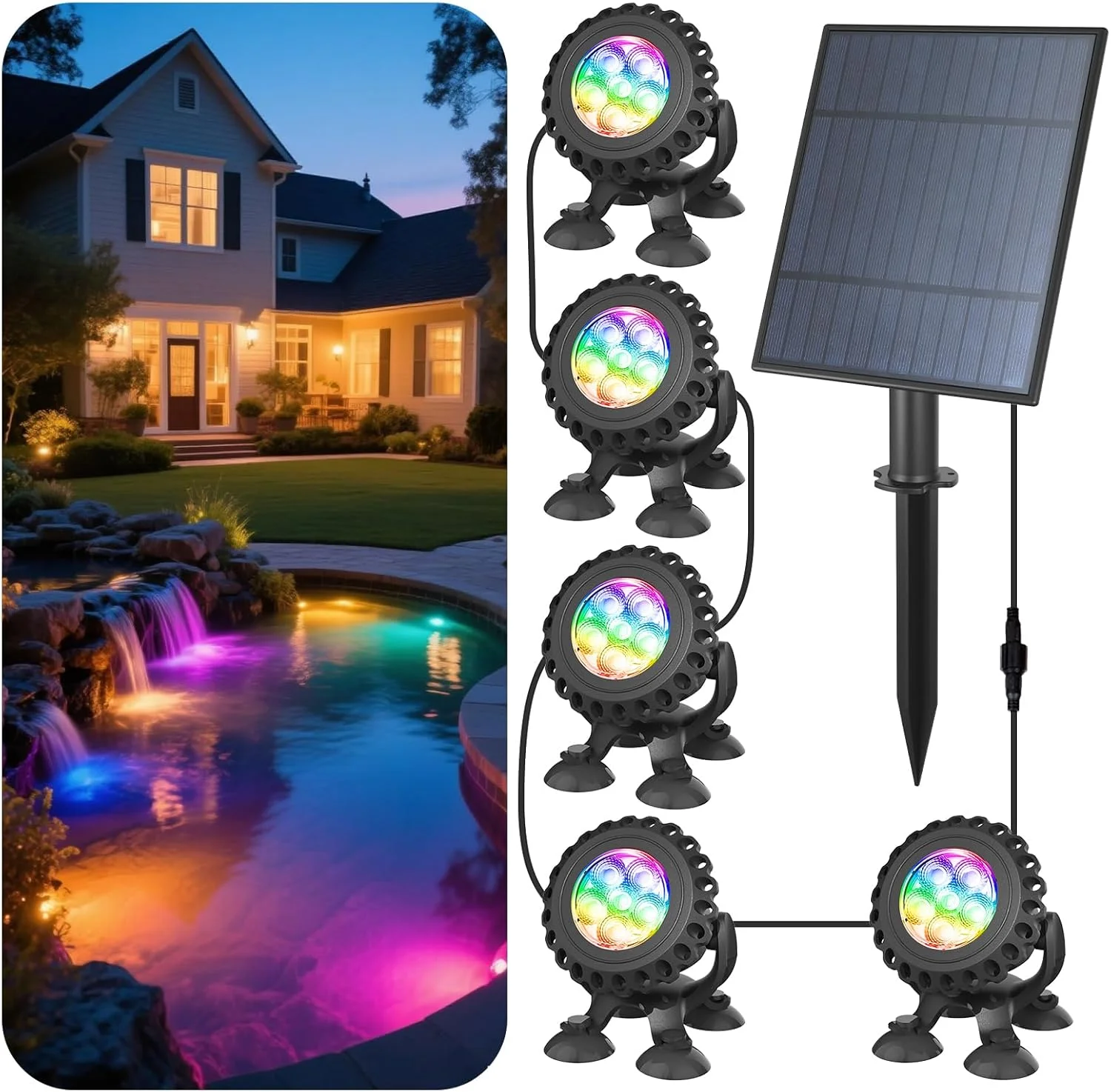 چراغ های خورشیدی استخری T-SUN، چراغ های زیرآبی RGB 5 در 1، چراغ ضد آب IP68 مناسب استخر، باغ، پاسیو، فواره، حوض، آبشار، نورپردازی فضای باز