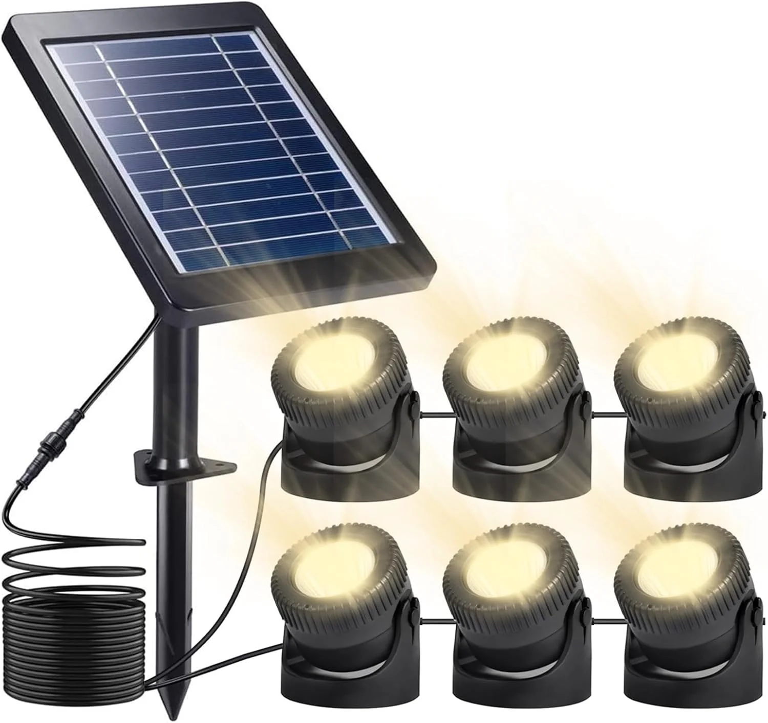 ست 6 عددی چراغ های خورشیدی استخری LED سفید گرم، چراغ های فواره ای غوطه ور، ضد آب IP68، نورافکن های منظره زیر آب با 3 حالت نور قابل تنظیم برای تزئین حیاط، باغ، استخر و فواره