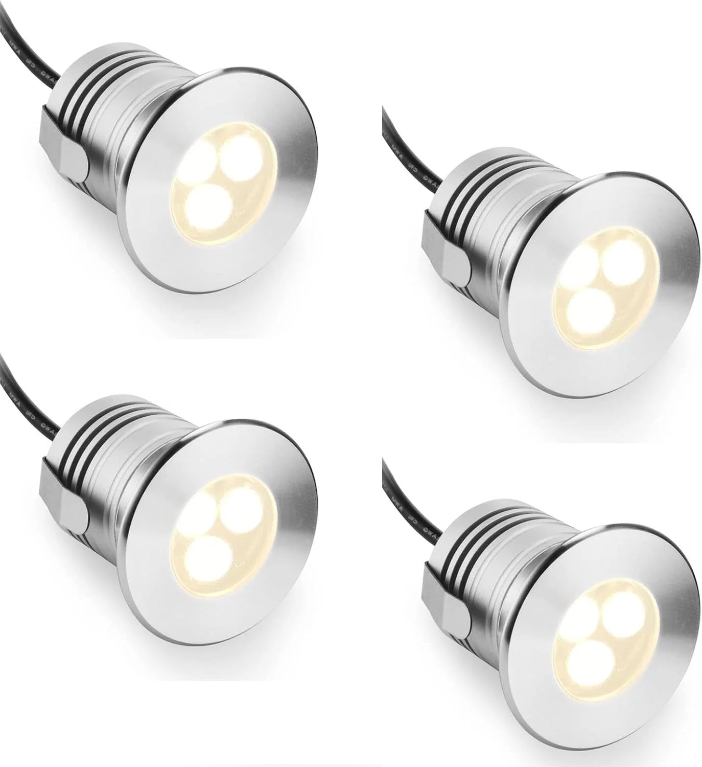 چراغ های LED زیر آبی 4 عددی، چراغ های حلقه ای فواره 3 واتی، چراغ های استخری ضد آب IP68 از جنس استنلس استیل، لامپ 12V-24V DC، برای استخرهای شنای داخل زمینی، حوضچه ها، فواره ها، پله ها (رنگ: نور گرم)