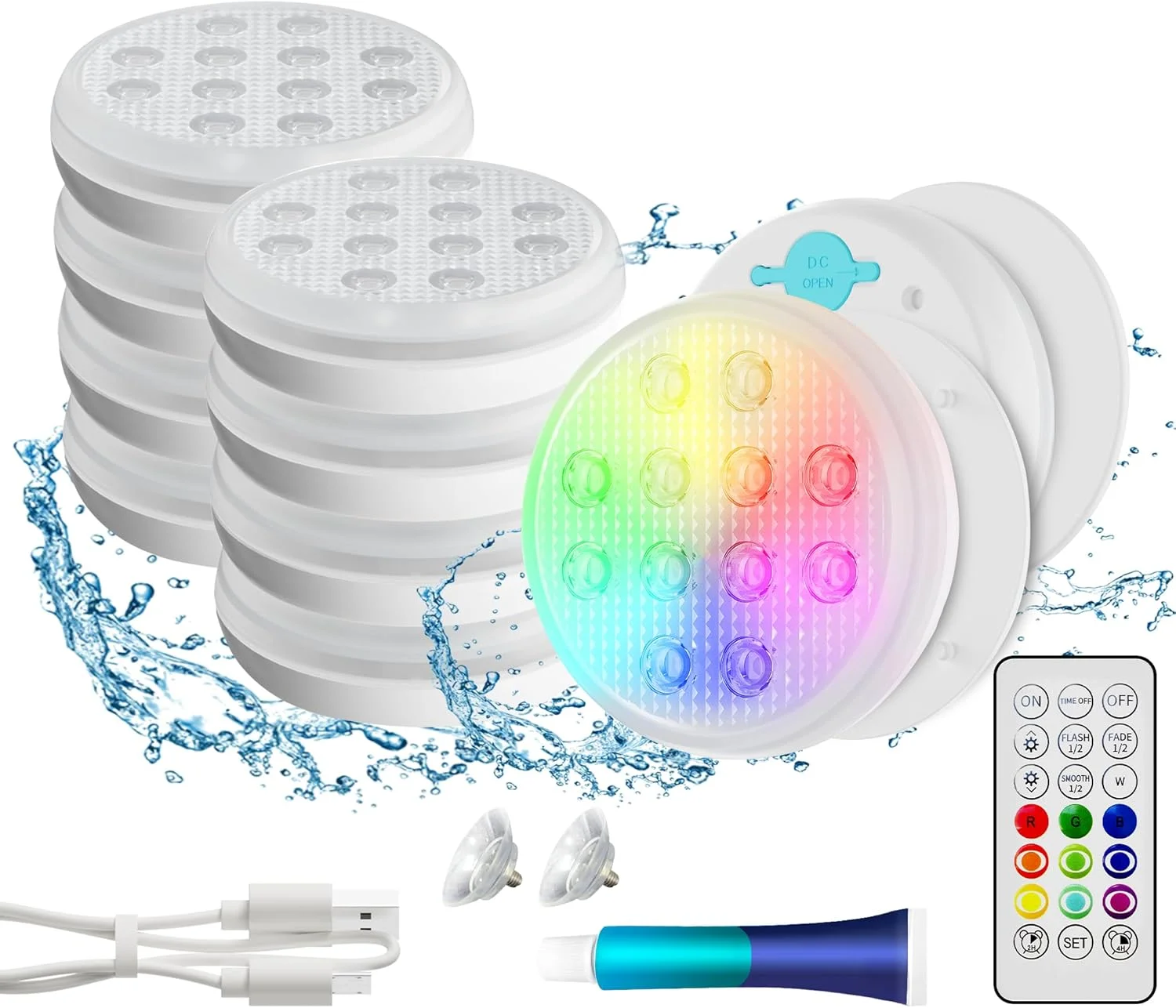 چراغ‌های استخری، چراغ‌های LED زیرآبی قابل شارژ، چراغ‌های شناور تغییر رنگ دهنده 16 رنگ با کنترل از راه دور، آهنربا، مکنده‌ها برای وان حمام، حوض، مهمانی - بسته 8 عددی