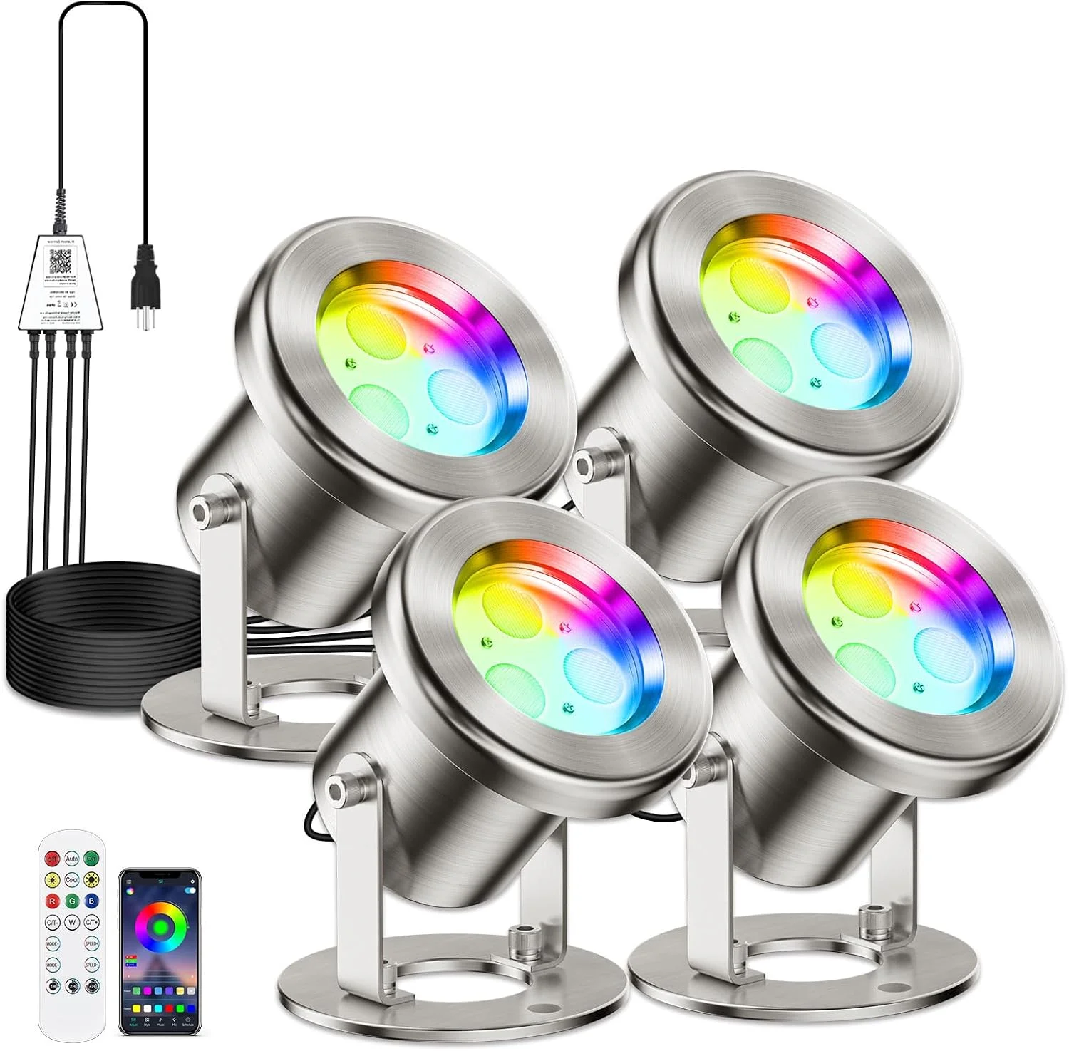 چراغ های ال ای دی استخری LyLmLe با کنترل از طریق اپلیکیشن، 6 وات SS316 استیل ضد زنگ RGB چراغ فواره زیر آب با ترانس 12 ولت، چراغ های ضد آب IP68 مناسب فضای باز برای آبشار استخر، سیم مشکی (4 عدد)
