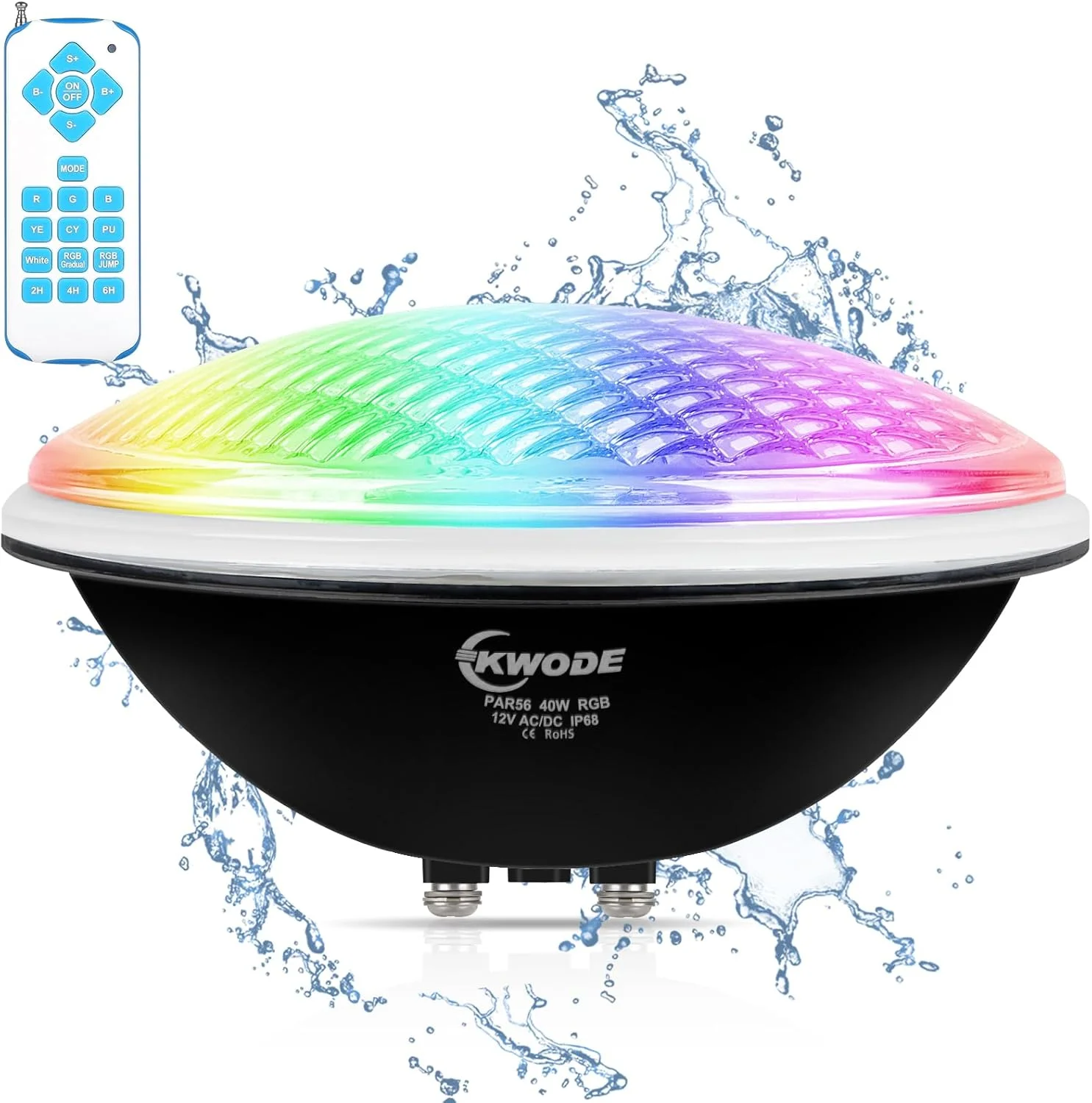 چراغ استخری ال ای دی 40 وات KWODE مدل PAR56، چراغ استخری RGB با قابلیت زمان‌بندی 2/4/6 ساعته، ضد آب IP68، چراغ استخری زیر آب با کنترل از راه دور، چراغ زیر آبی 12 ولت AC/DC