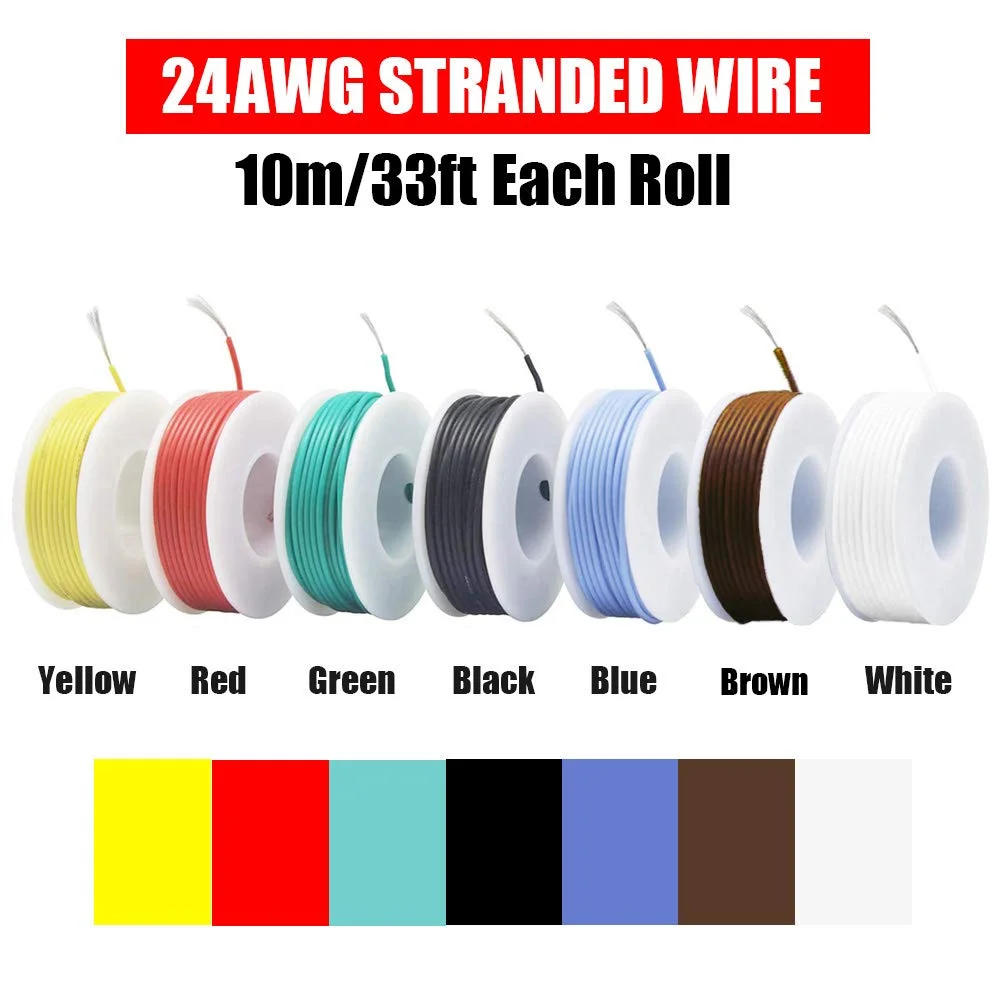 کیت سیم قلاب‌آپ Youmile 24AWG، سیم سیلیکونی گیج 24، 300 ولت، 7 رنگ، 10 متر/33 فوت، هر کدام سیم مسی قلع اندود شده رشته‌ای، کیت متنوع سیم برق با 50 عدد وارنیش حرارتی، 70 عدد برچسب سیم