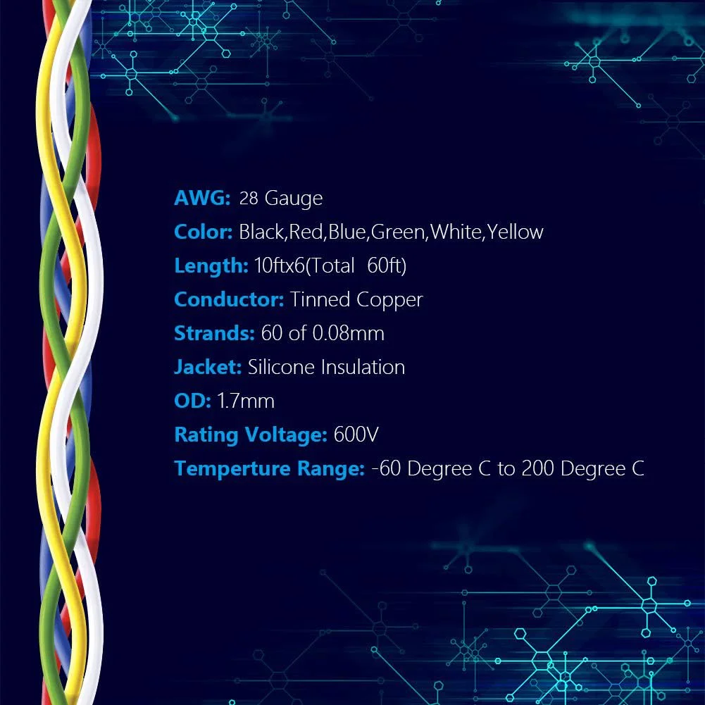 سیم افشان 28 AWG قرقره ای، 10 متر هر رنگ، 6 رنگ، سیم قلع اندود مسی انعطاف پذیر 28 گیج