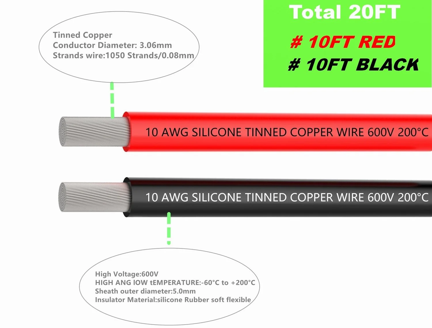سیم سیلیکونی گیج 10 تائوفنگ (6.1 متر) - سیم گیج 10 به طول 6.1 متر [3 متر مشکی و 3 متر قرمز] - سیم افشان گیج 10 - سیم مسی قلع اندود فوق العاده انعطاف پذیر با مقاومت در برابر درجه حرارت بالا
