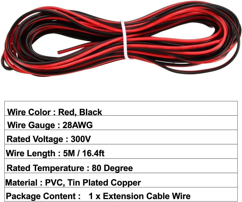 سیم افزایشی 2 پین قرمز مشکی uxcell، سیم موازی 28 AWG، مس قلع اندود شده، طول 5 متر برای نوار نور LED