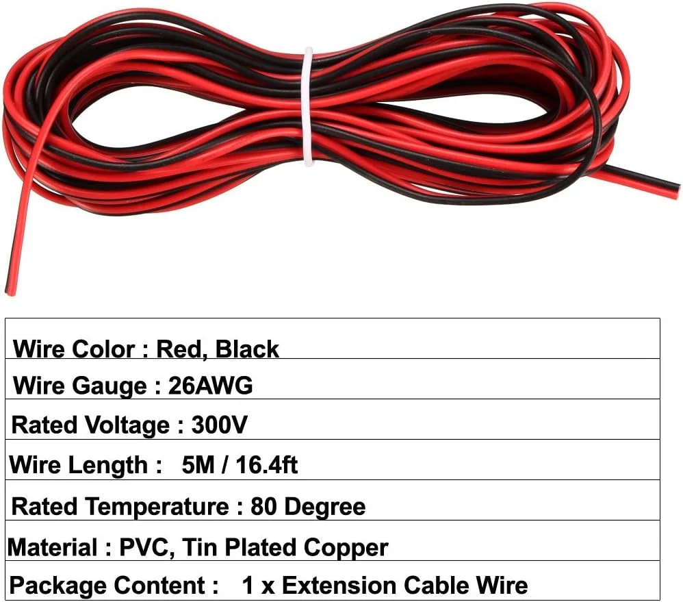 سیم افزایشی قرمز مشکی 2 پین uxcell، سیم موازی 26 AWG، مس قلع اندود، طول 5 متر برای نوار نور LED