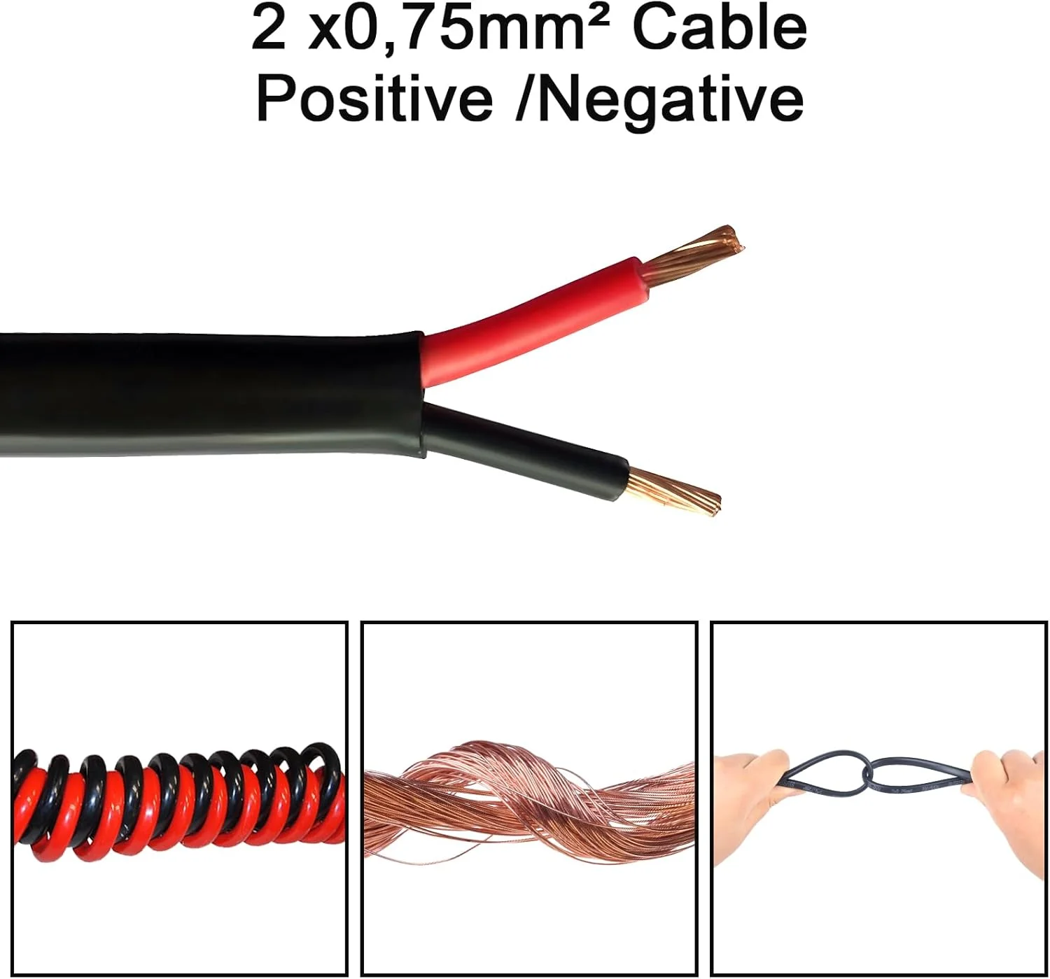 سیم تخت دو رشته ای 2×0.75mm²، سیم مسی دو هسته ای، سیم برق 12 ولت 24 ولت، دیواره نازک قرمز/مشکی، کابل خودرو، قایق، 10 متر