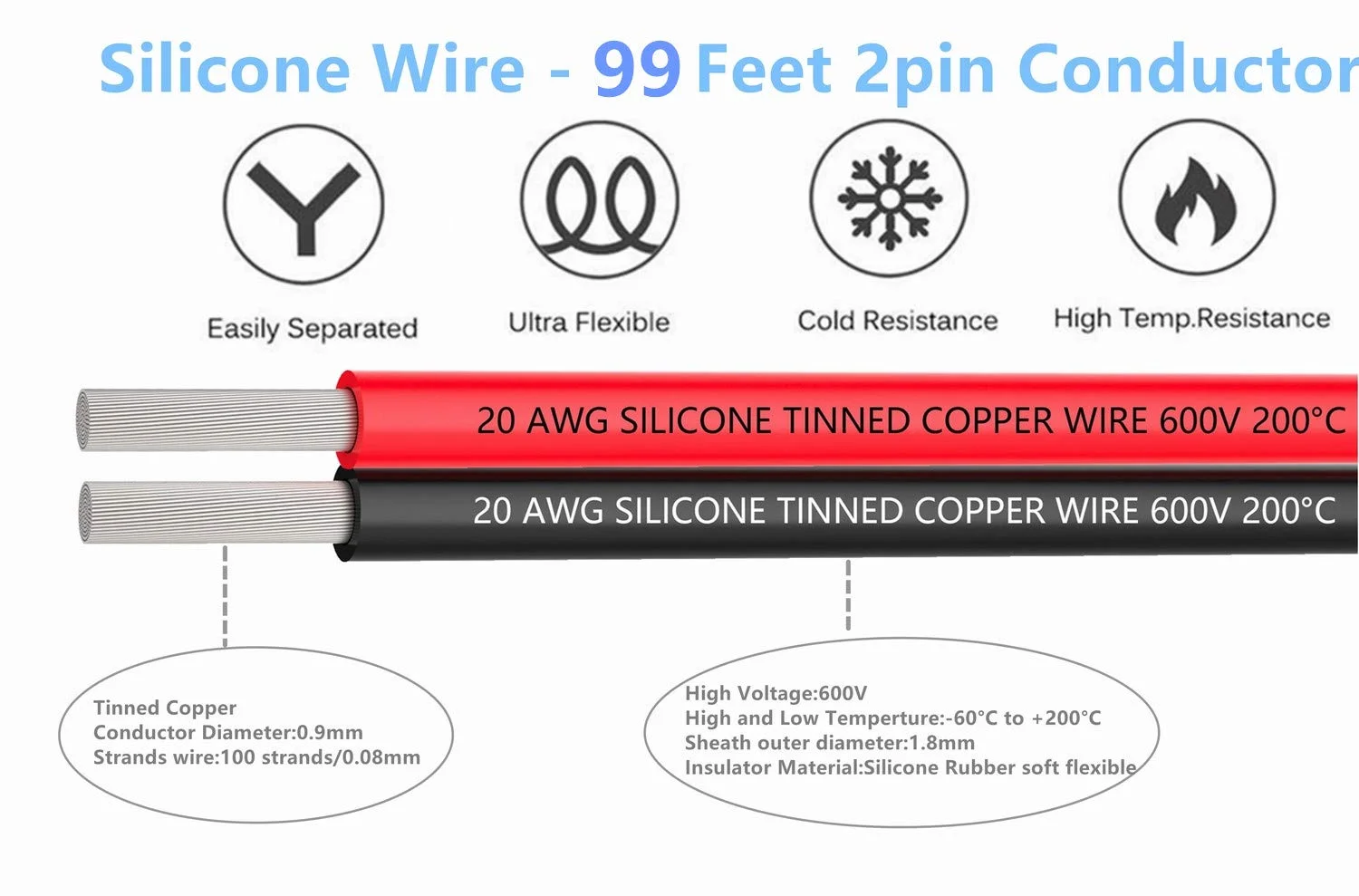 سیم برق سیلیکونی TUOFENG (20awg-2pin-30m قرقره) - 60 متر [30 متر مشکی 30 متر قرمز] سیم موازی 2 رشته سیم مسی قلع اندود شده انعطاف پذیر گیج 20