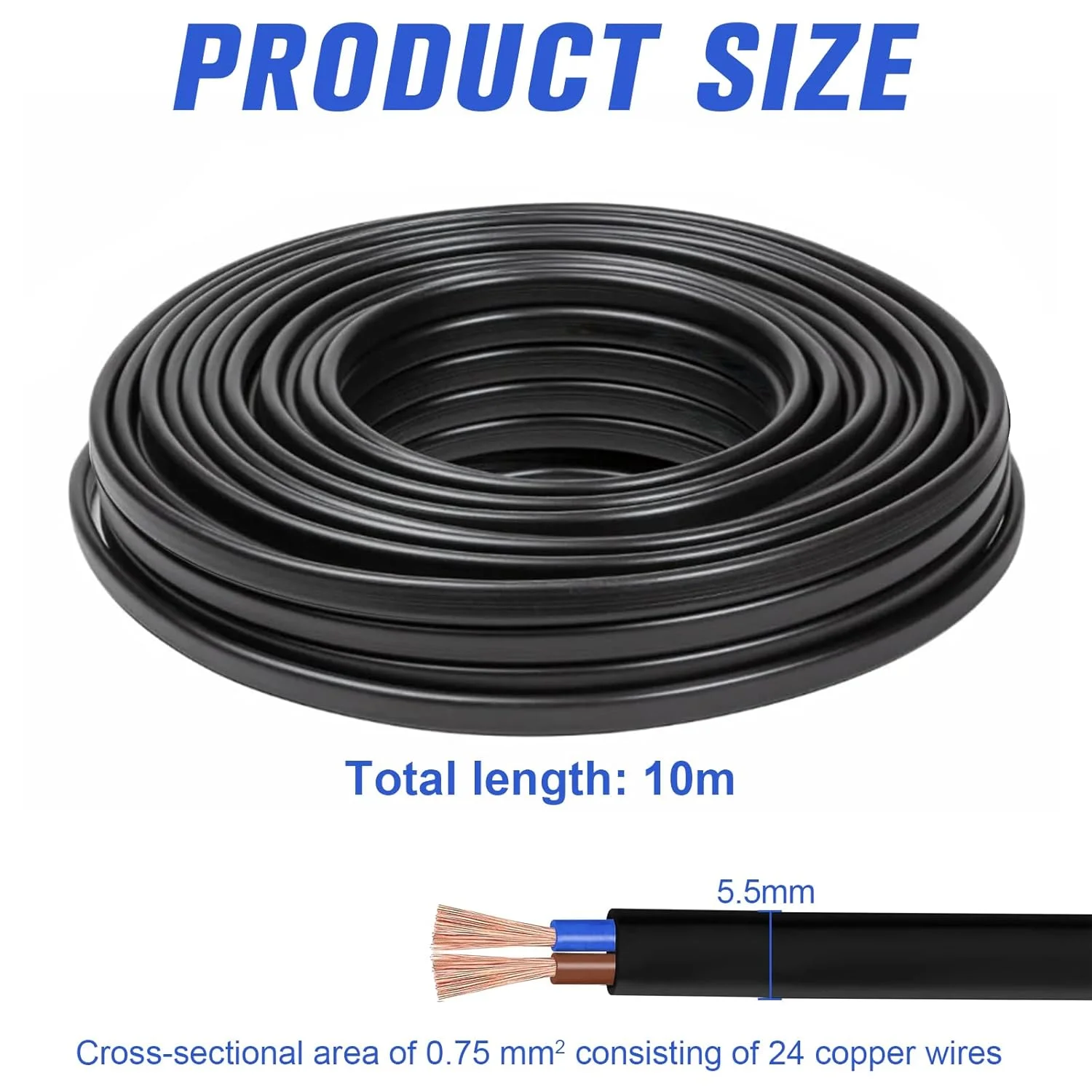 سیم برق مشکی 10 متری KingYH، کابل برق تخت 2 هسته ای 0.75 میلی متر مربعی PVC، کابل مسی انعطاف پذیر دوقلو برای سیم برق توسعه، سیم کشی کوچک برق خانگی