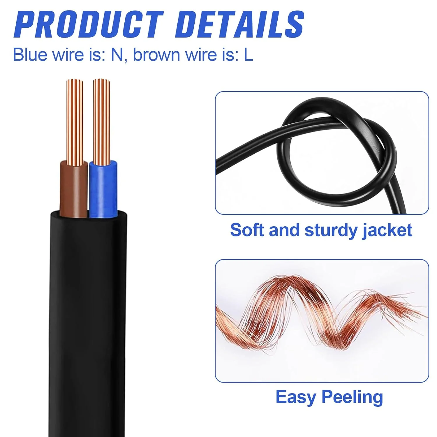 سیم برق مشکی 10 متری KingYH، کابل برق تخت 2 هسته ای 0.75 میلی متر مربعی PVC، کابل مسی انعطاف پذیر دوقلو برای سیم برق توسعه، سیم کشی کوچک برق خانگی