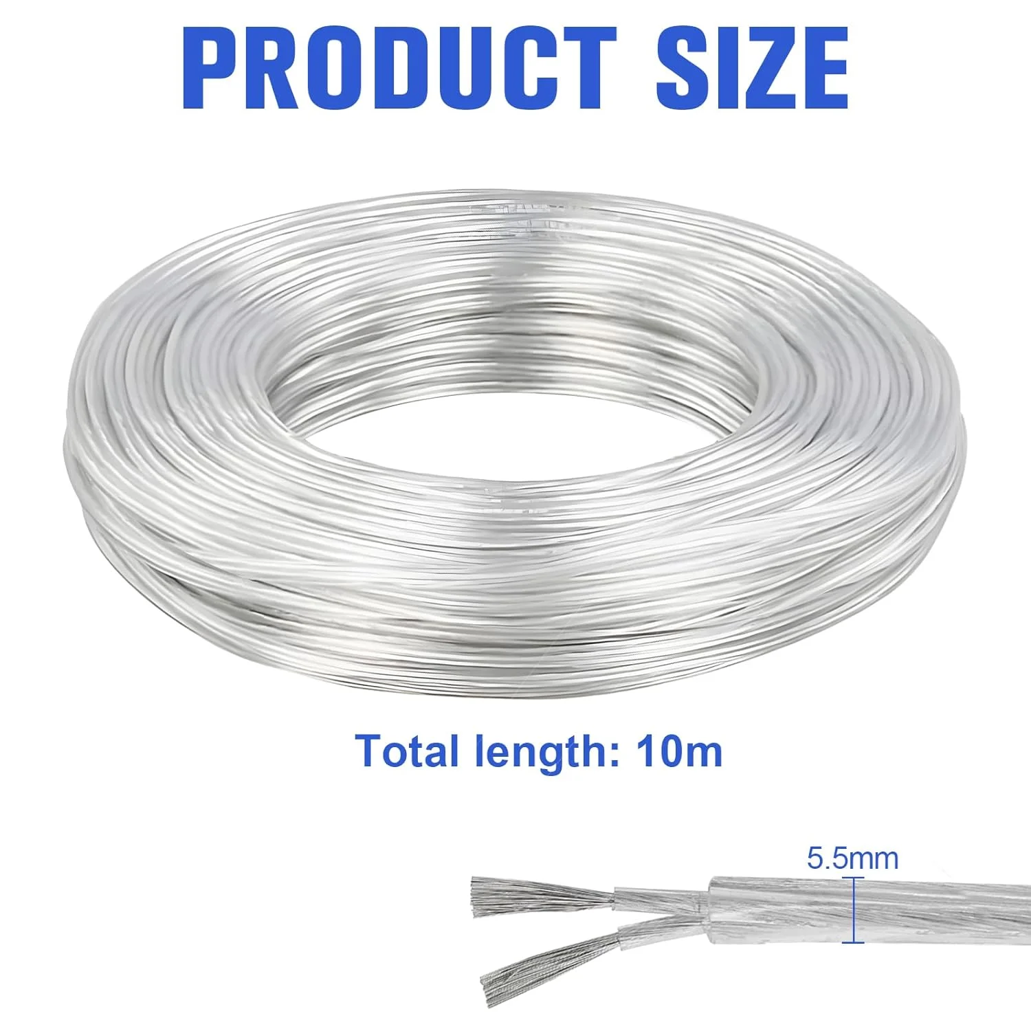 سیم برق شفاف 10 متری KingYH، کابل برق تخت 2 هسته ای 0.75 میلی متر مربعی PVC، کابل مسی انعطاف پذیر دوقلو برای سیم برق توسعه، سیم کشی کوچک برق خانگی