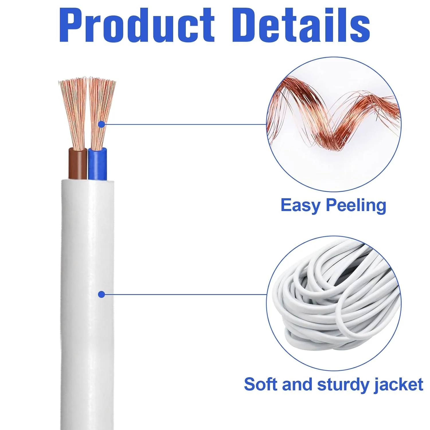 سیم برق سفید 10 متری KingYH دو رشته تخت 0.75 میلی متر مربع کابل برق اصلی PVC کابل مسی انعطاف پذیر دوقلو برای سیم برق افزودنی سیم کشی کوچک برق خانگی