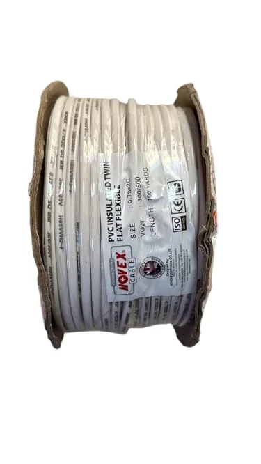 کابل تخت دوقلو انعطاف پذیر با عایق PVC | سیم مسی 2x0.75mm² | 300/300 ولت | مطابق با ISO و RoHS | رول 100 یاردی (تقریباً 91.44 متر) | سیم برق برای روشنایی و لوازم کوچک