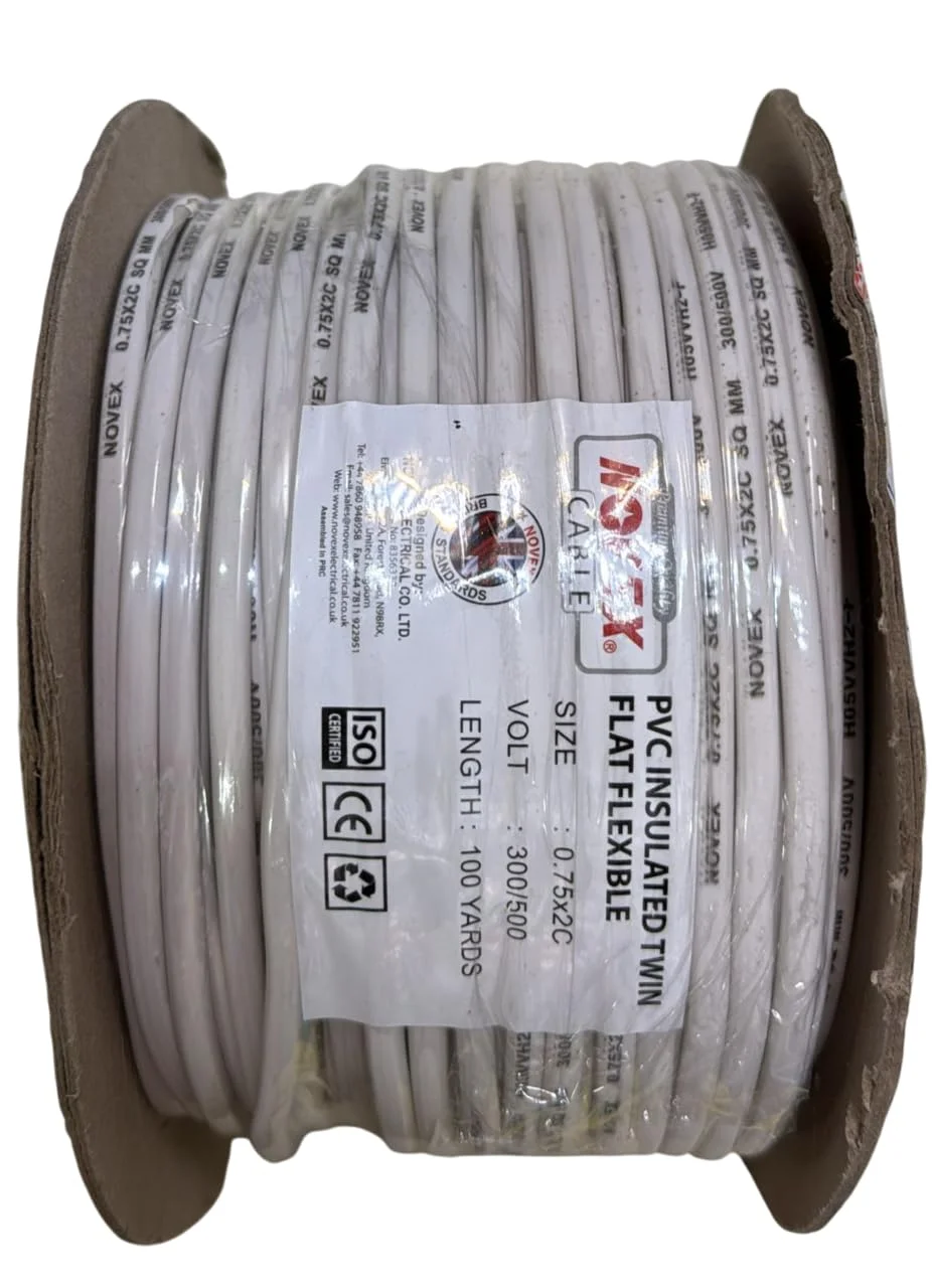 سیم افشان دو رشته روکش PVC - 0.75mm² × 2 هسته | 300/500 ولت | حلقه 100 یاردی | کابل برق سفید برای خانه، روشنایی و لوازم خانگی