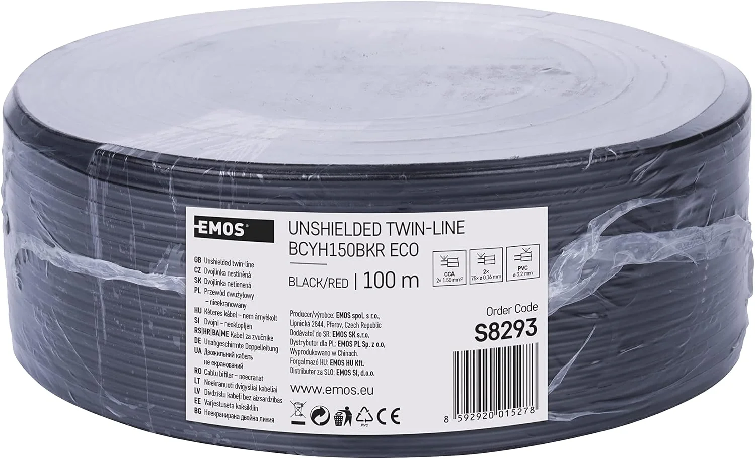 کابل مسی EMOS S8293، 2 x 1.5 میلی‌متر مربع، 100 متر کابل سیم دوقلو ولتاژ پایین CCA، مشکی با علامت پلاریته