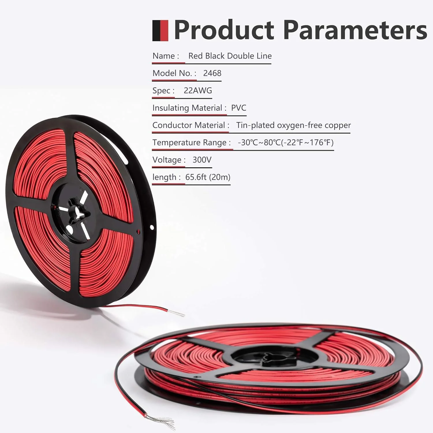 سیم برق 2 رشته JACKYLED با اندازه 22 AWG، سطح مقطع 0.35mm²، طول 20 متر، ولتاژ 12V/24V، کابل 22 گیج 65.6 فوت، سیم برق افشان 2 پین برای چراغ های نواری LED مدل 3528 5050