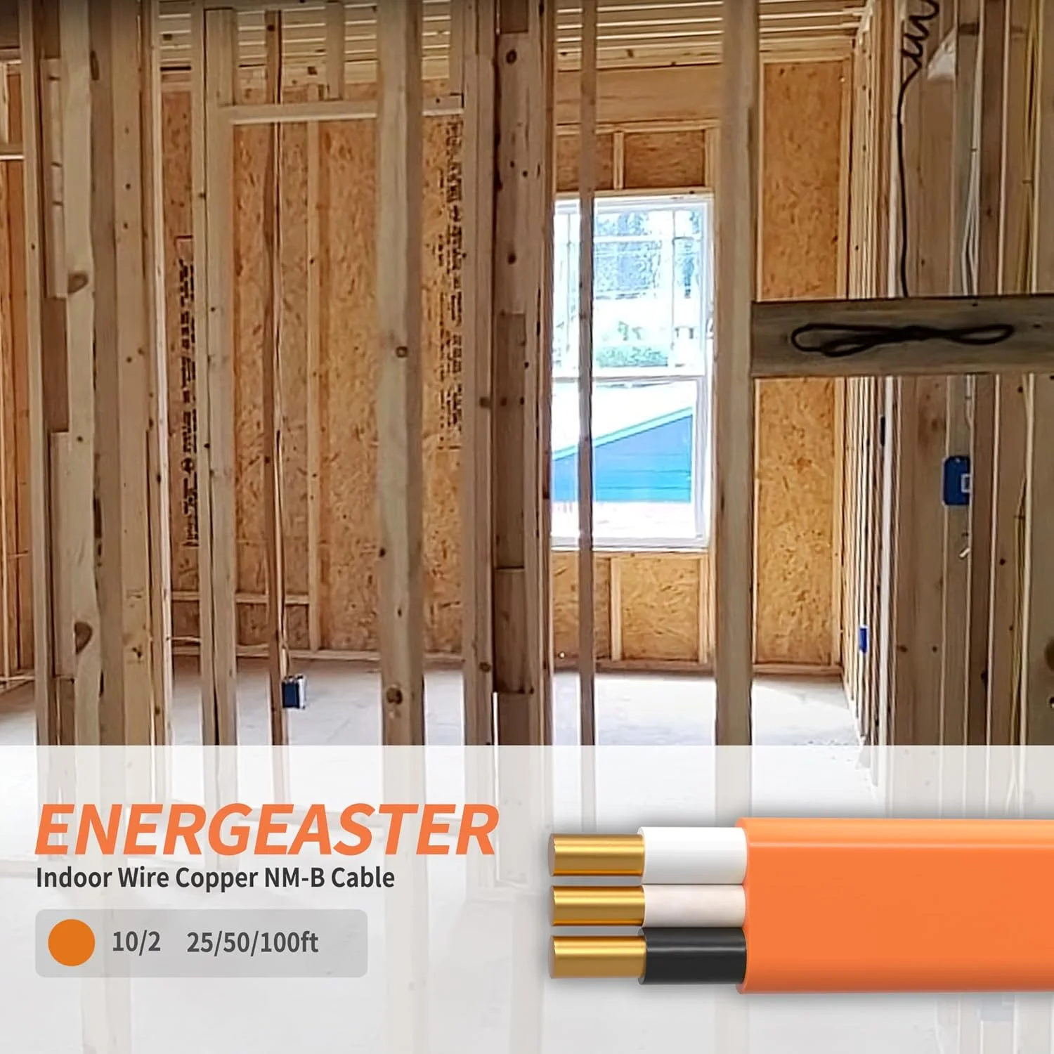 سیم برق مسی داخلی Energeaster 10/2 NM-B، سیم شماره 10، کابل مسی روکش دار غیر فلزی 2 رسانا (50 فوت نارنجی)