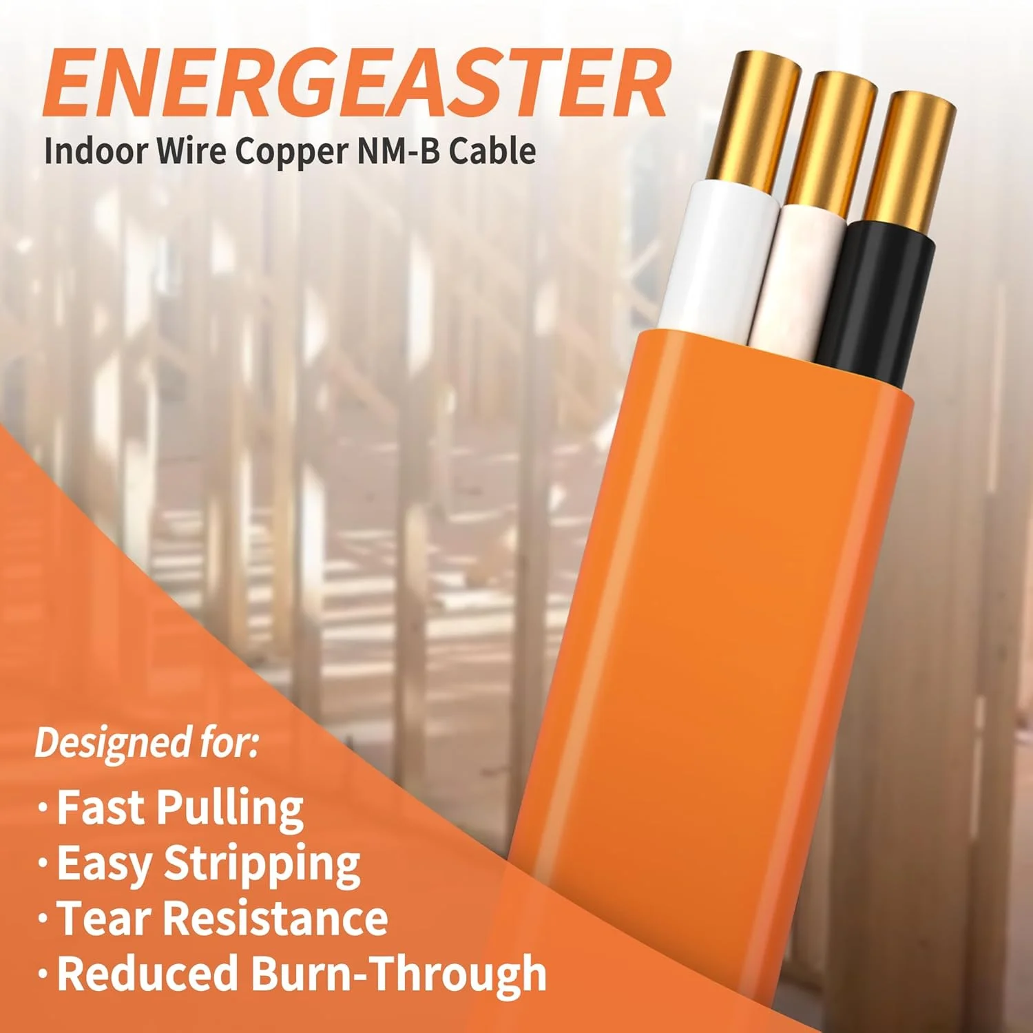 سیم برق مسی داخلی Energeaster 10/2 NM-B، سیم شماره 10، کابل مسی روکش دار غیر فلزی 2 رسانا (50 فوت نارنجی)