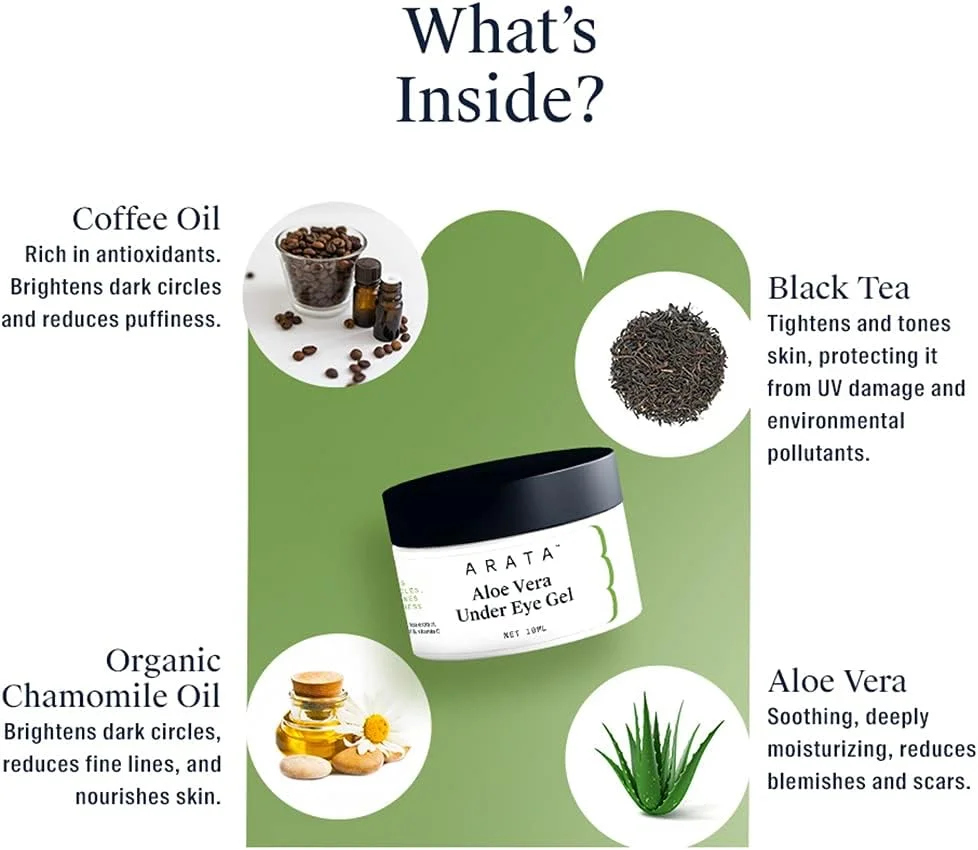 ژل زیر چشم آلوئه ورا آراتا برای سیاهی دور چشم، خطوط ریز و پف (10 میلی لیتر) | غنی شده با روغن قهوه، چای سیاه، بابونه ارگانیک و ویتامین C | مناسب انواع پوست | کاملا طبیعی، وگان و بدون تست حیوانی ژل زیر چشم آلوئه ورا آراتا برای سیاهی دور چشم، خطوط ریز و پف (10 میلی لیتر) | غنی شده با روغن قهوه، چای سیاه، بابونه ارگانیک و ویتامین C | مناسب انواع پوست | کاملا طبیعی، وگان و بدون تست حیوانی