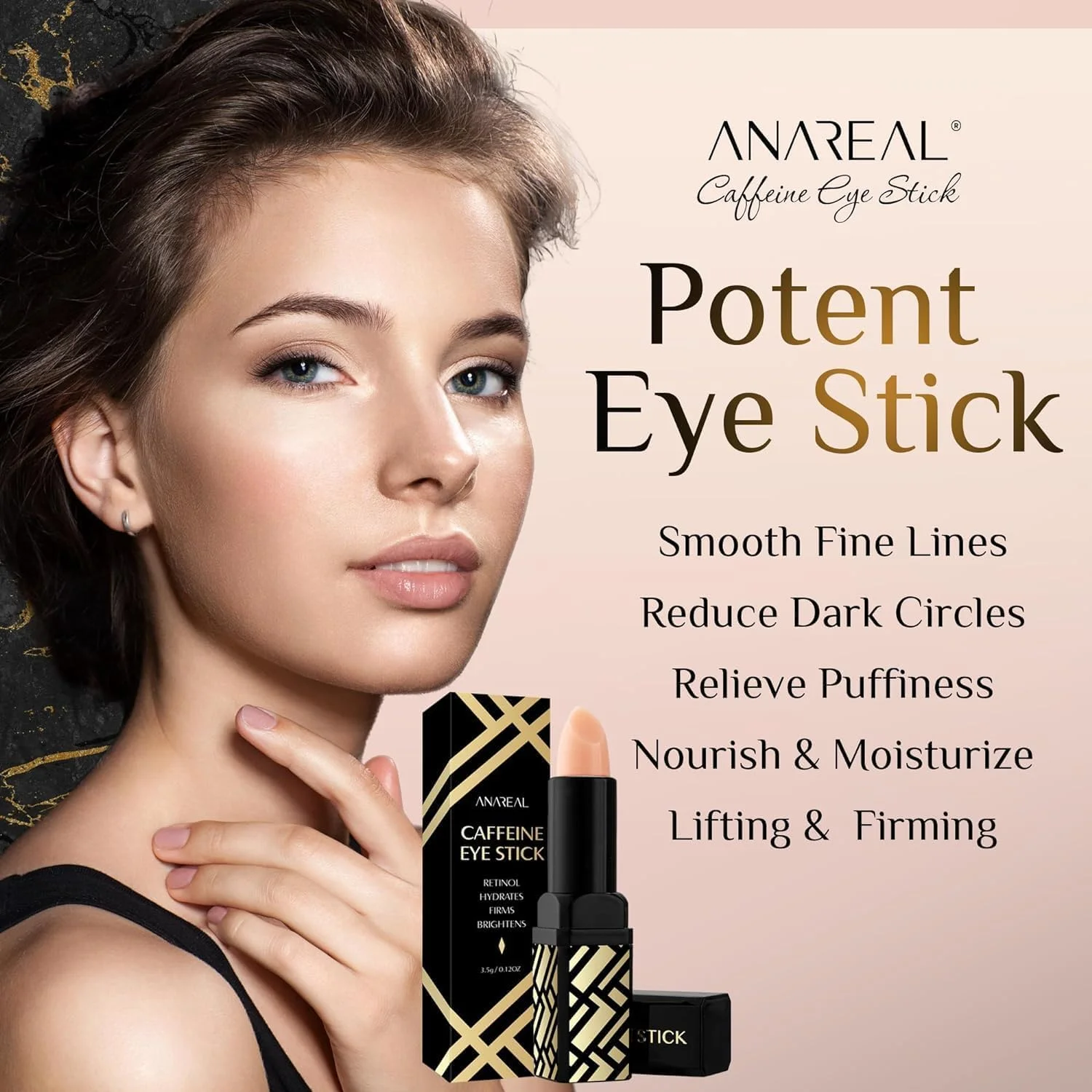 بالم دور چشم کافئین ANAREAL: کرم استیکی آبرسان و روشن کننده دور چشم برای سیاهی و پف، درمان ضد چروک پوست کره ای با رتینول، درخشش فوری خنک کننده برای چشم، صورت و پف