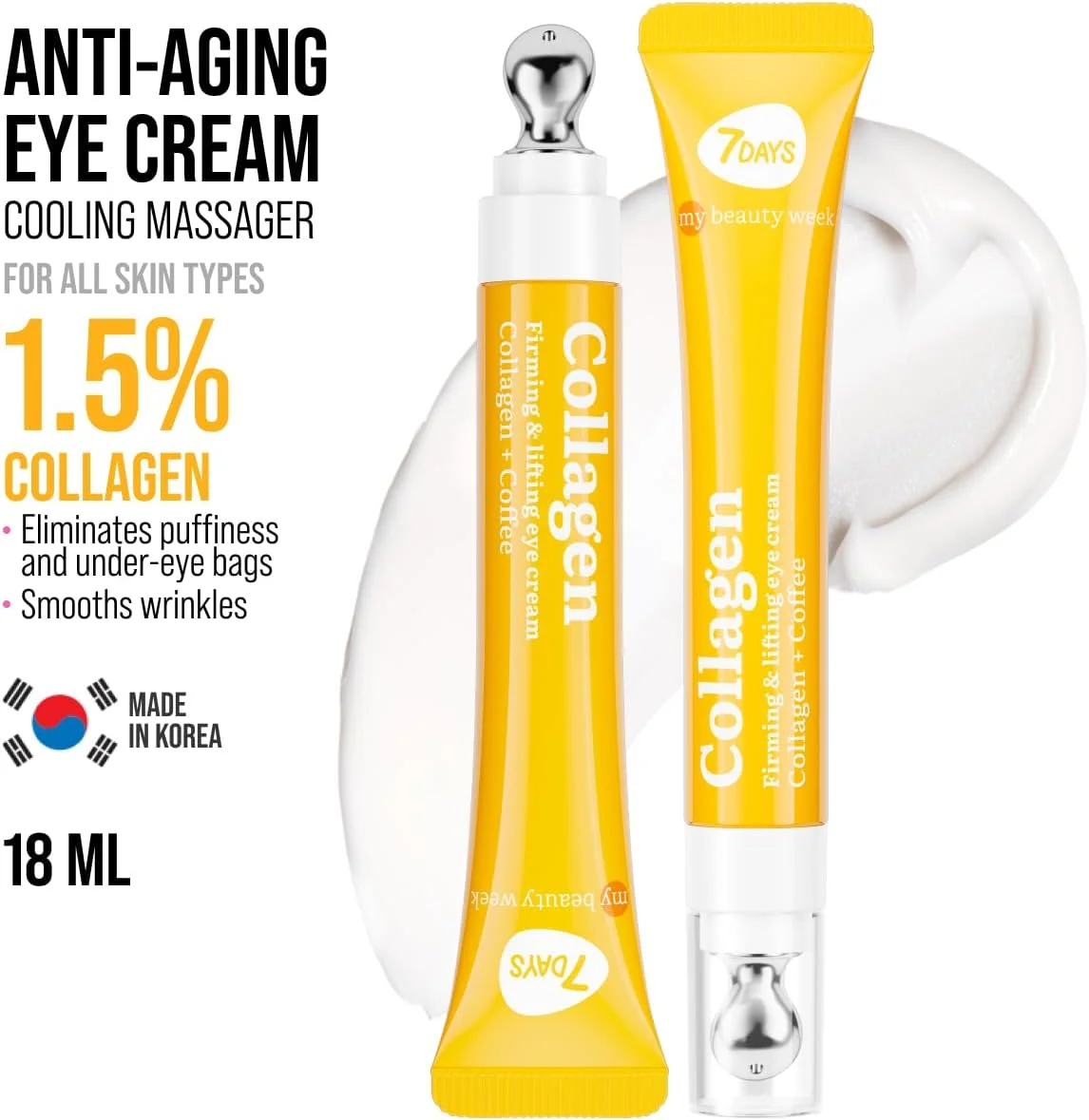 کرم دور چشم 7DAYS حاوی کلاژن – مراقبت از پوست کره ای، درمان کرم دور چشم با اپلیکاتور خنک کننده، فرمول روشن کننده و ضد پیری برای پف و خطوط ریز – 18 میلی لیتر