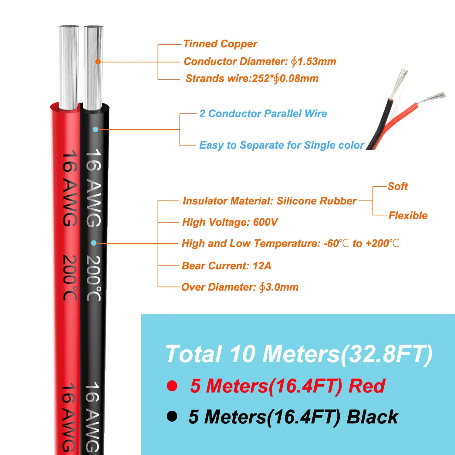 سیم برق موازی دو رشته Haerkn، گیج 16AWG، 1.3 میلی‌متر مربع، سیم سیلیکونی 10 متری [5 متر مشکی، 5 متر قرمز]، کابل انعطاف‌پذیر 600 ولت، سیم مسی قلع اندود