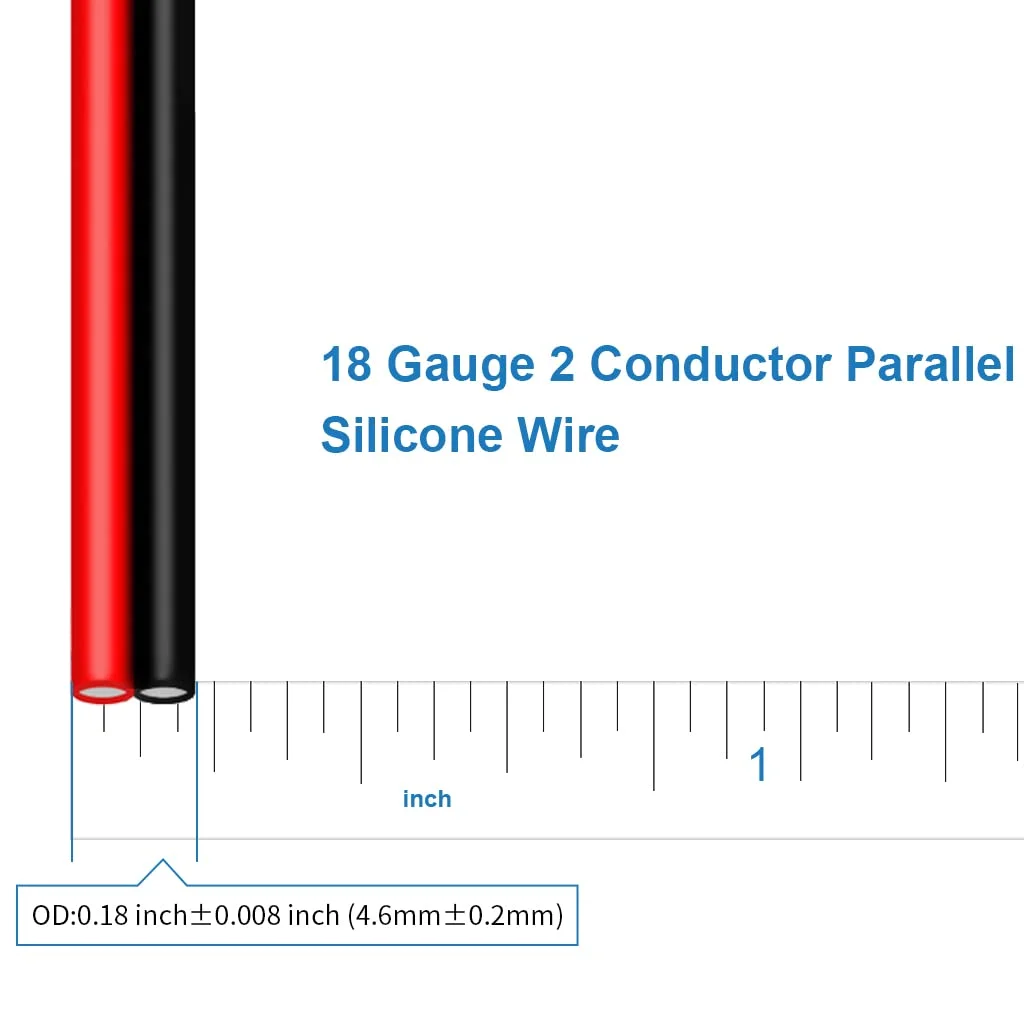 سیم سیلیکونی انعطاف پذیر 2 رشته موازی BNTECHGO گیج 18، قرقره سیم مشکی قرمز مقاوم در برابر حرارت بالا 200 درجه سانتیگراد 600 ولت برای سیم کابل توسعه نوار LED تک رنگ، مدل، سیم مسی رشته ای 100 فوت
