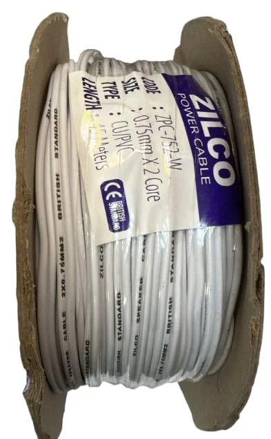 کابل بلندگو 2 هسته ای 0.75mm² - رول 45 متری | سیم برق دوقلو CU/PVC برای صدا، سیستم های صوتی، بلندگوها و آمپلی فایرها | کابل عایق سفید انعطاف پذیر