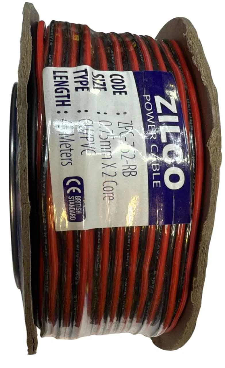 کابل برق دو هسته ای مسی با روکش PVC، 0.75mm² – رول 45 متری | سیم برق انعطاف پذیر برای سیستم های صوتی، بلندگوها، LED، DC و کاربردهای ولتاژ پایین | کابل دوقلو CU/PVC (قرمز و مشکی)