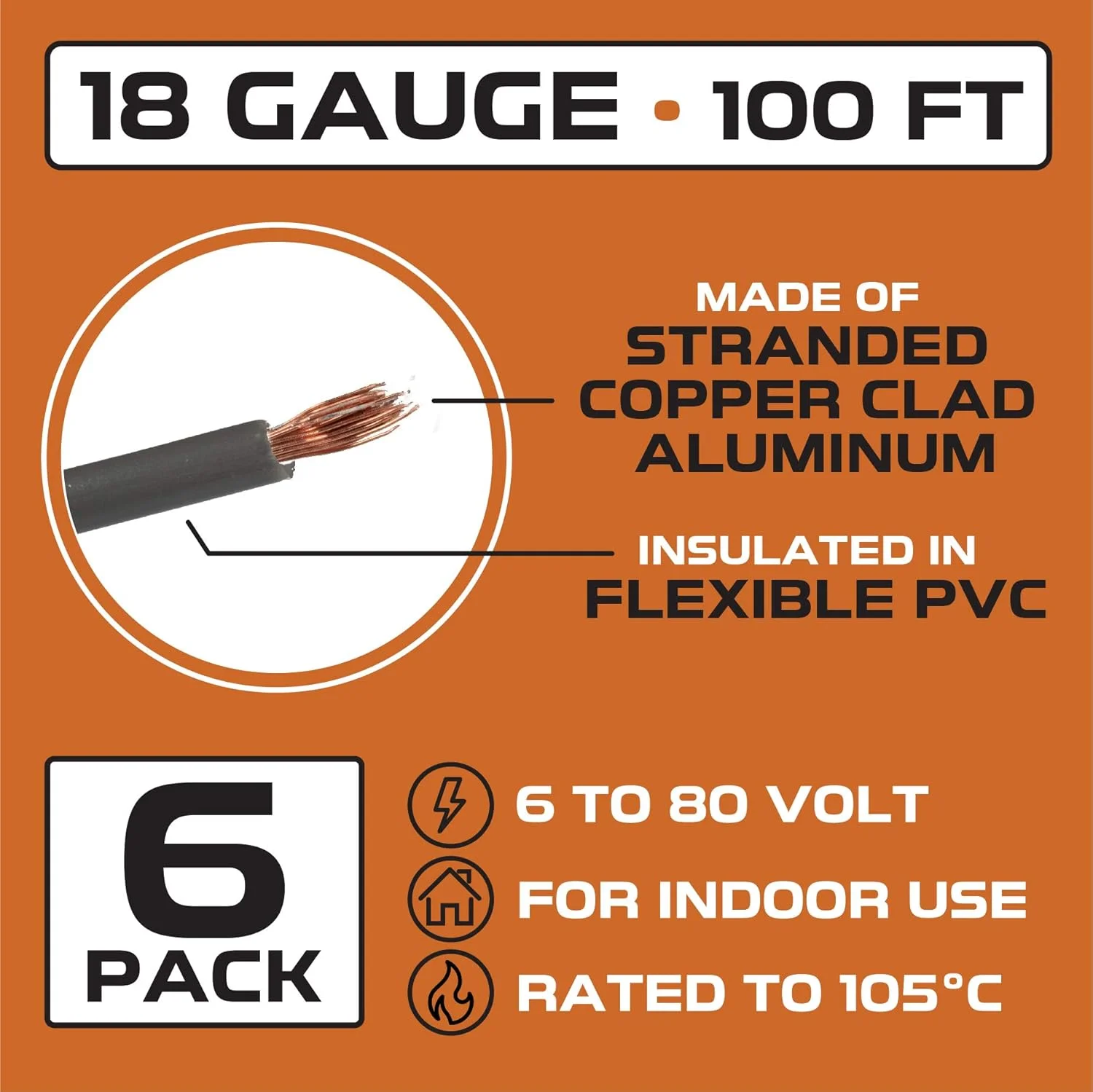 سیم خودرویی اصلی آهن فورج کابل گیج 18 - بسته 6 رول متنوع - 100 فوت سیم آلومینیومی روکش مس در هر رول