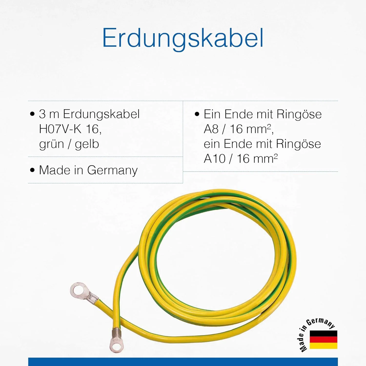 کابل اتصال به زمین as - Schwabe - کابل 3 متری با هسته - سیم اتصال به زمین - کابل اتصال به زمین با 1 حلقه چشمی A8 / 16 mm² & A10 / 16 mm² - برای اتصال به زمین - برای کارگاه های تجاری و ساختمانی - ساخت آلمان -
