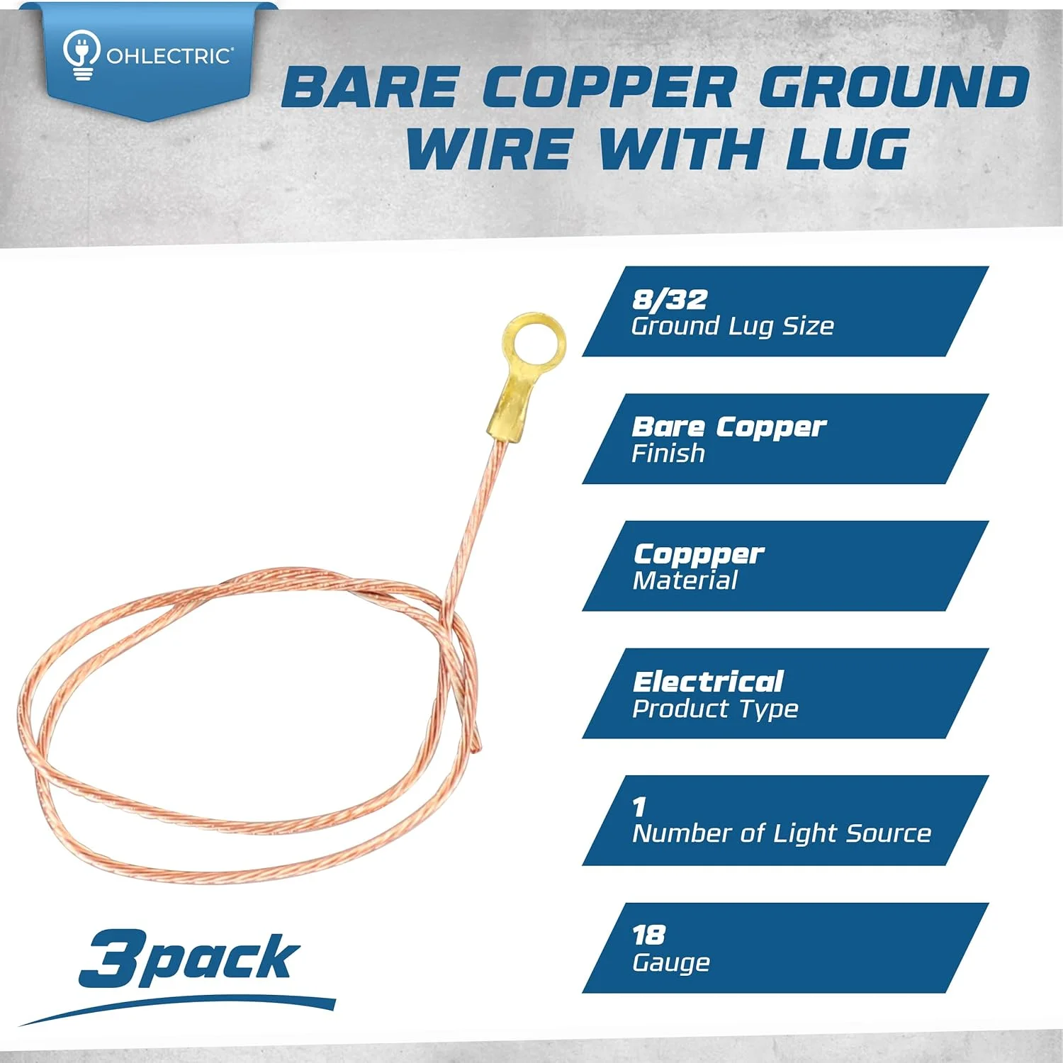 سیم اتصال زمین مسی بدون روکش OHLECTRIC با سرسیم - 25 سانتی متر (بسته 3 عددی) گیج 18، سرسیم اتصال زمین 8/32، سیم اتصال زمین مسی بدون روکش 25 سانتی متری 18/1، سیم های اتصال زمین الکتریکی بادوام