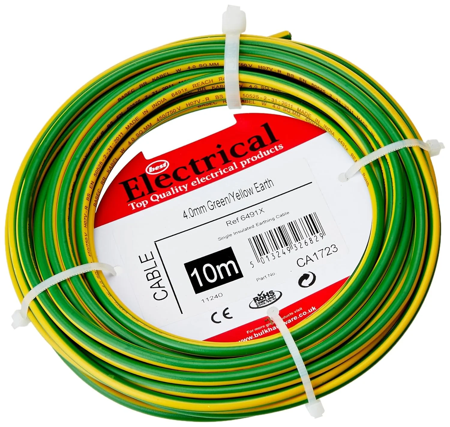 کابل ارت تک هسته ای گرد مری وی BH01516، 6491X 4.0mm زرد و سبز، 10 متر