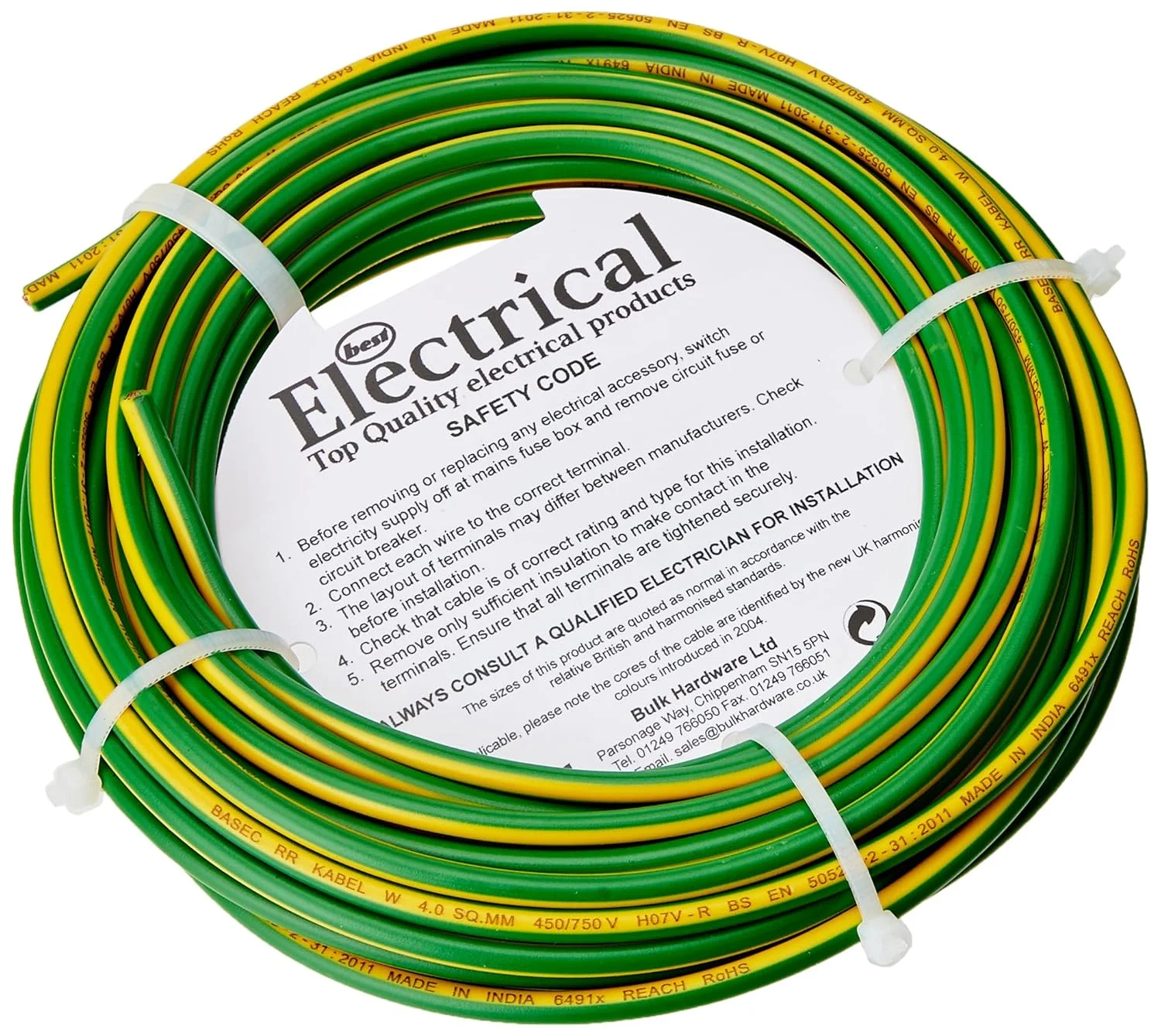 کابل ارت تک هسته ای گرد مری وی BH01516، 6491X 4.0mm زرد و سبز، 10 متر