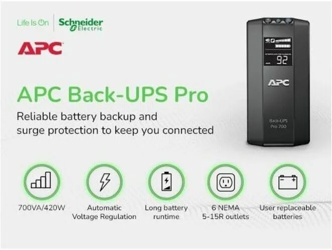 منبع تغذیه بدون وقفه APC Back-UPS 700 (یو پی اس) (اسید سرب مهر و موم شده (VRLA)، 3 عدد NEMA 5-15R، 3 عدد NEMA 5-15R، 0-40 درجه سانتیگراد، 14- تا 40 درجه سانتیگراد، 91 x 310 x 190 میلی متر، مشکی) منبع تغذیه بدون وقفه APC Back-UPS 700 (یو پی اس) (اسید سرب مهر و موم شده (VRLA)، 3 عدد NEMA 5-15R، 3 عدد NEMA 5-15R، 0-40 درجه سانتیگراد، 14- تا 40 درجه سانتیگراد، 91 x 310 x 190 میلی متر، مشکی)